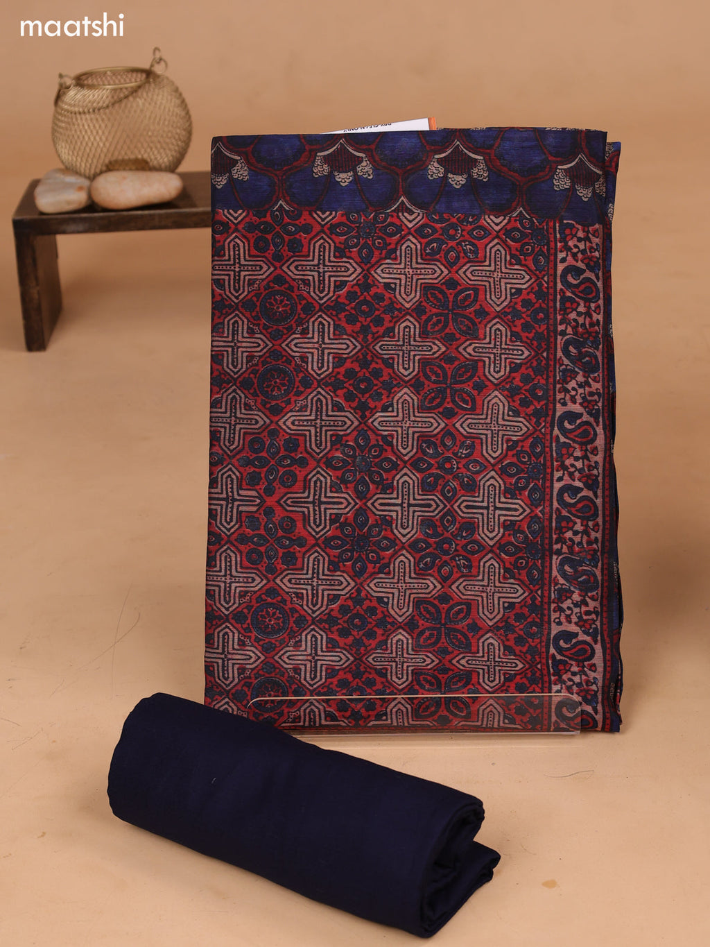 Blue and Maroon Art Tussar Dress Material With Allover Floral Prints and Bottom & Dupatta