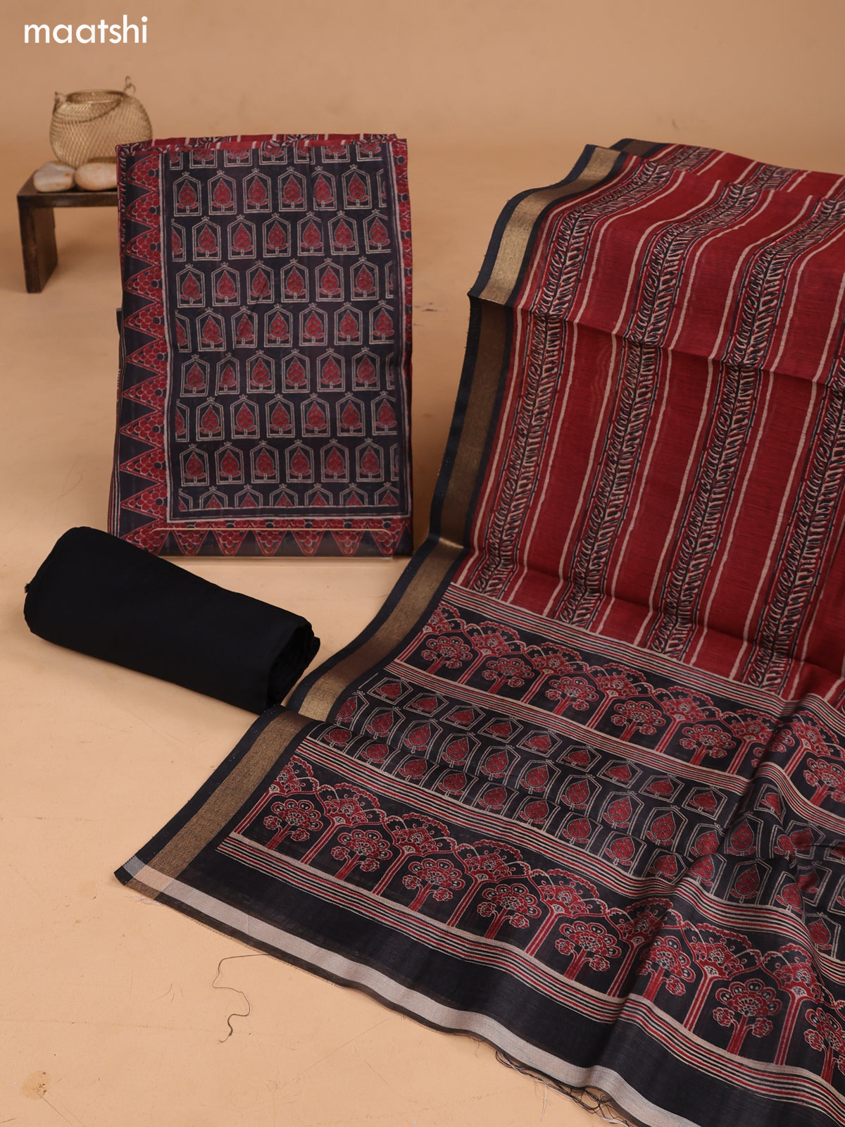 Black and Maroon Art Tussar Dress Material With Allover Prints and Bottom & Dupatta