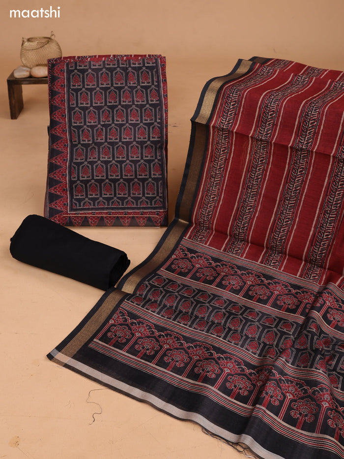 Black and Maroon Art Tussar Dress Material With Allover Prints and Bottom & Dupatta