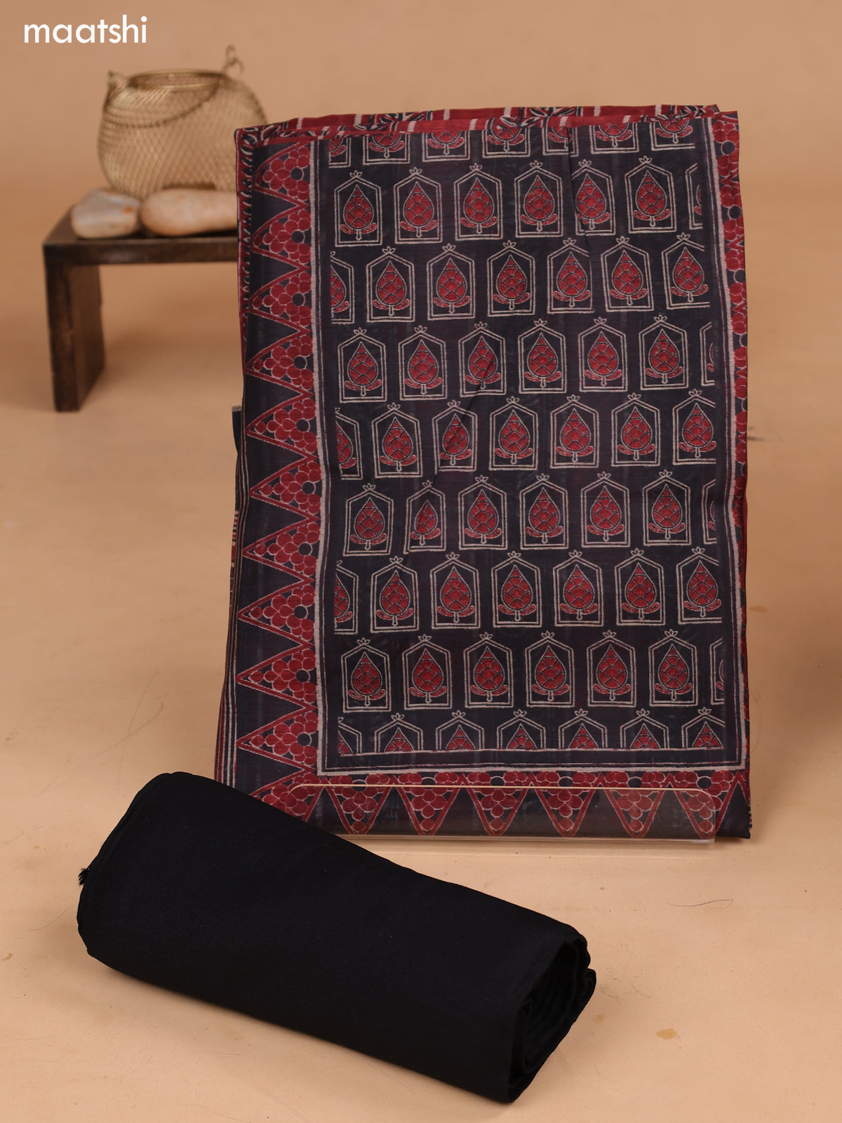 Black and Maroon Art Tussar Dress Material With Allover Prints and Bottom & Dupatta