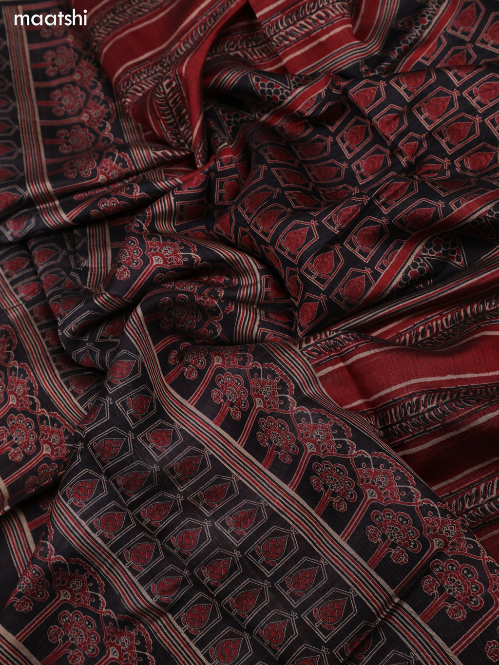 Black and Maroon Art Tussar Dress Material With Allover Prints and Bottom & Dupatta