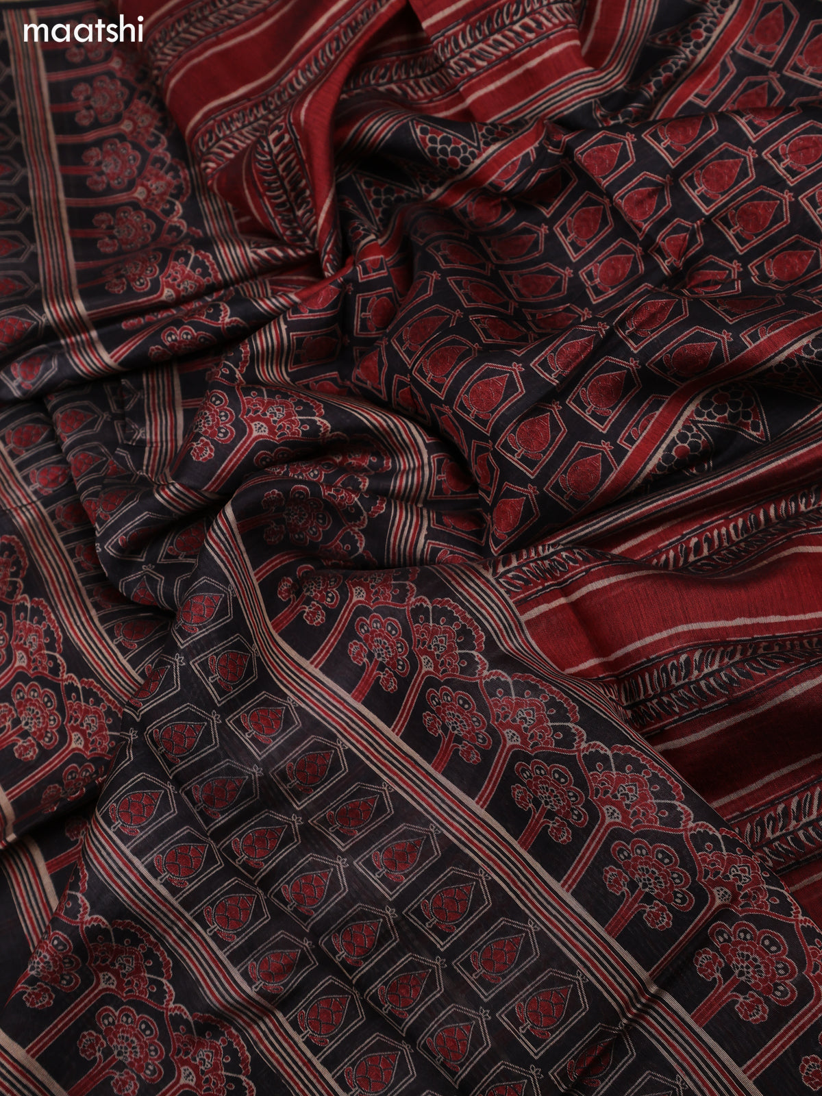 Black and Maroon Art Tussar Dress Material With Allover Prints and Bottom & Dupatta