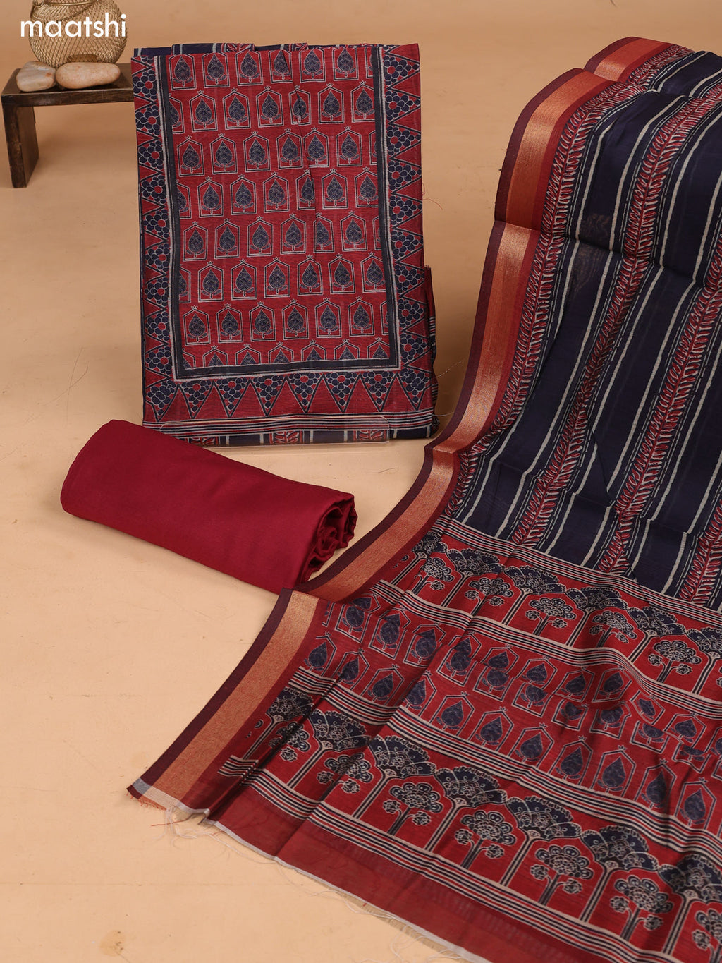 Navy Blue and Maroon Art Tussar Dress Material With Allover Prints and Bottom & Dupatta