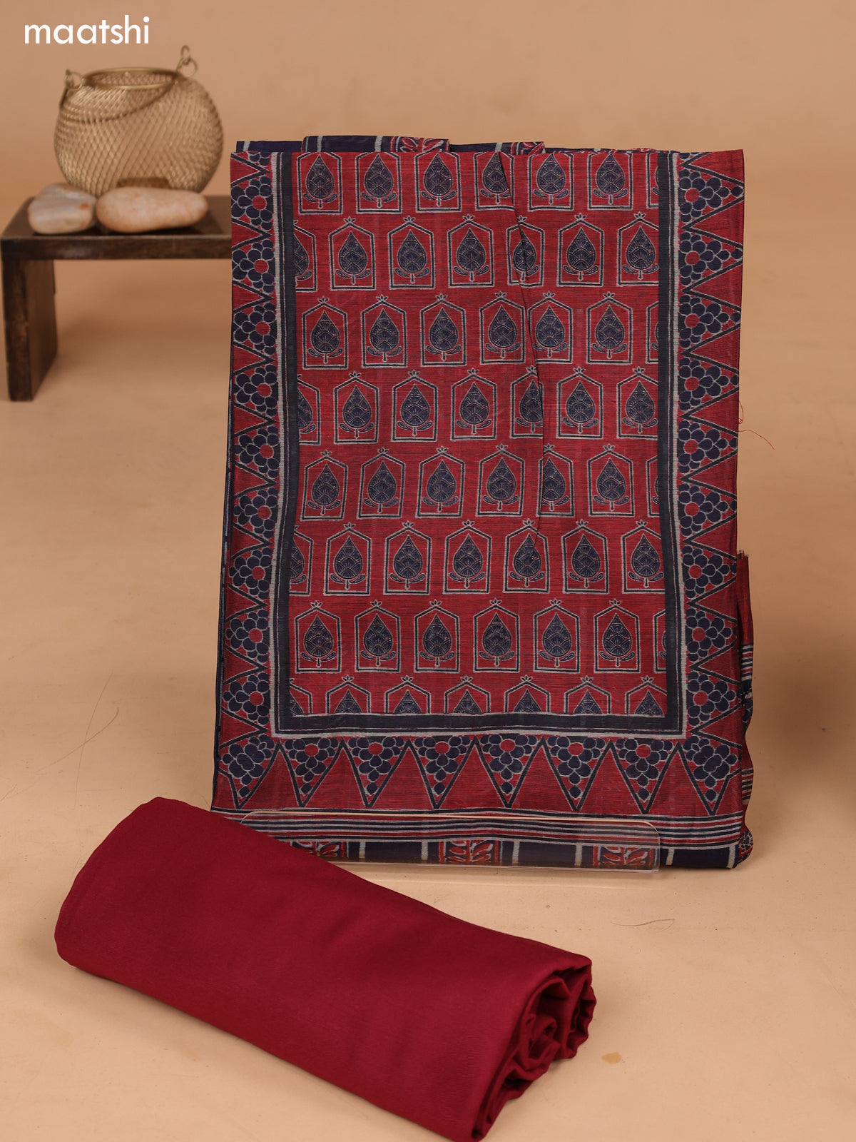 Navy Blue and Maroon Art Tussar Dress Material With Allover Prints and Bottom & Dupatta