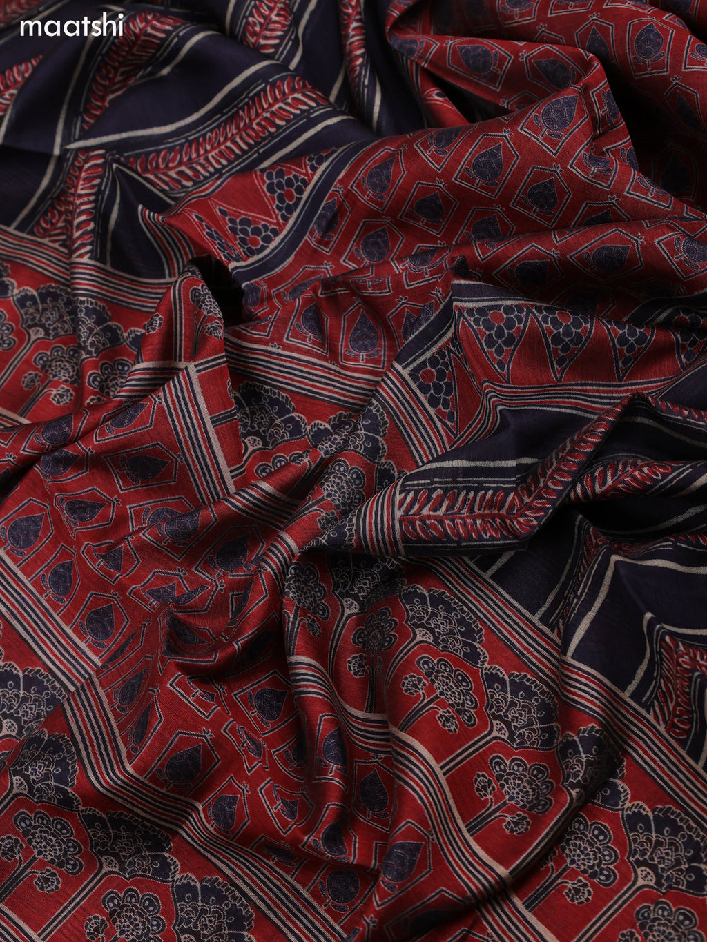 Navy Blue and Maroon Art Tussar Dress Material With Allover Prints and Bottom & Dupatta