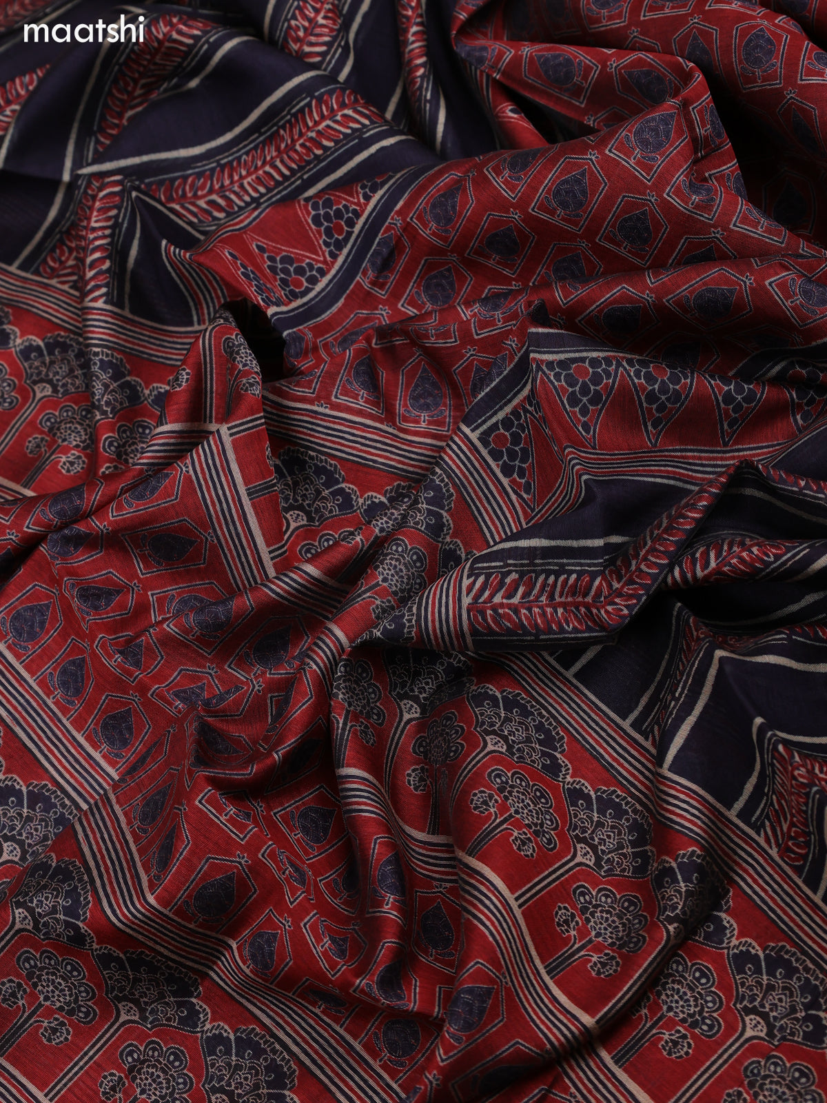 Navy Blue and Maroon Art Tussar Dress Material With Allover Prints and Bottom & Dupatta