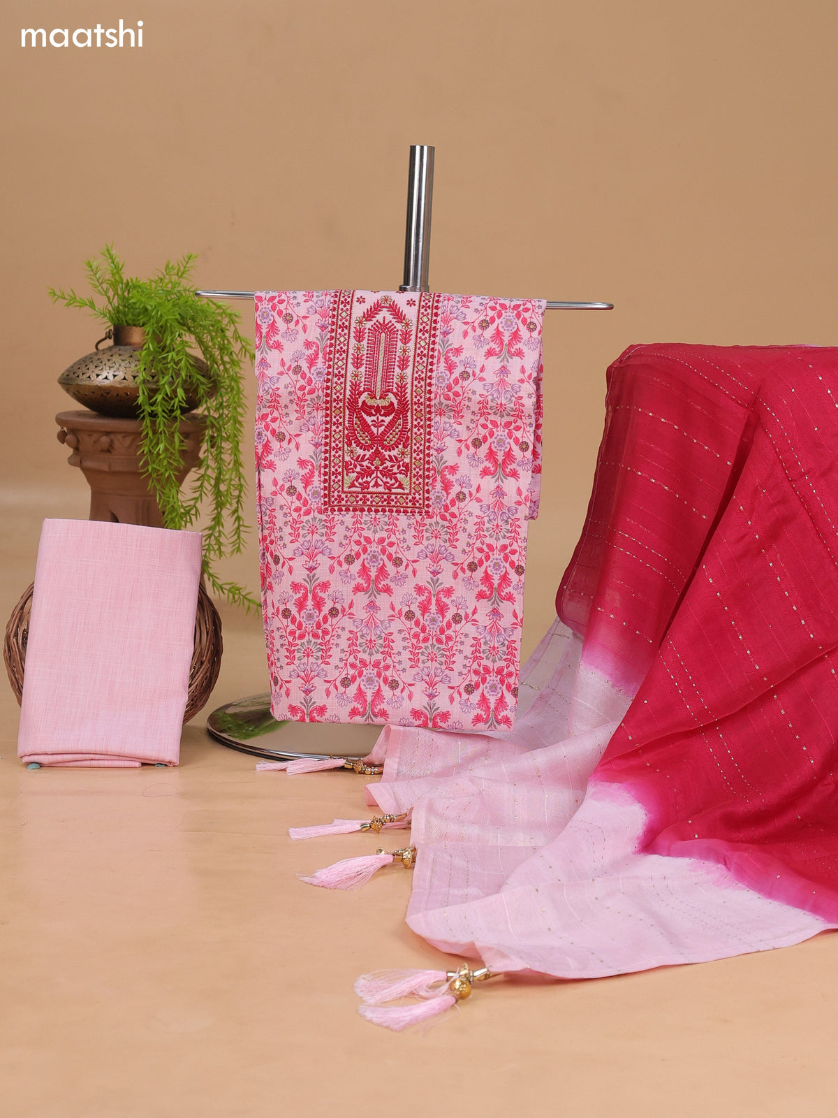 Pink Cotton Dress Material With Allover Floral Prints & Embroidery Work Neck Pattern and Bottom & Dupatta