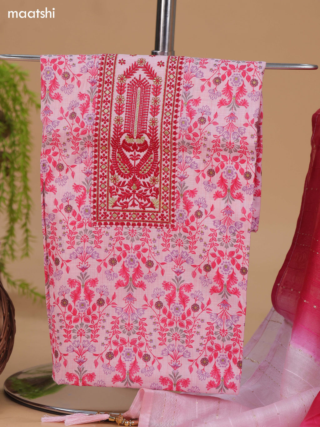 Pink Cotton Dress Material With Allover Floral Prints & Embroidery Work Neck Pattern and Bottom & Dupatta