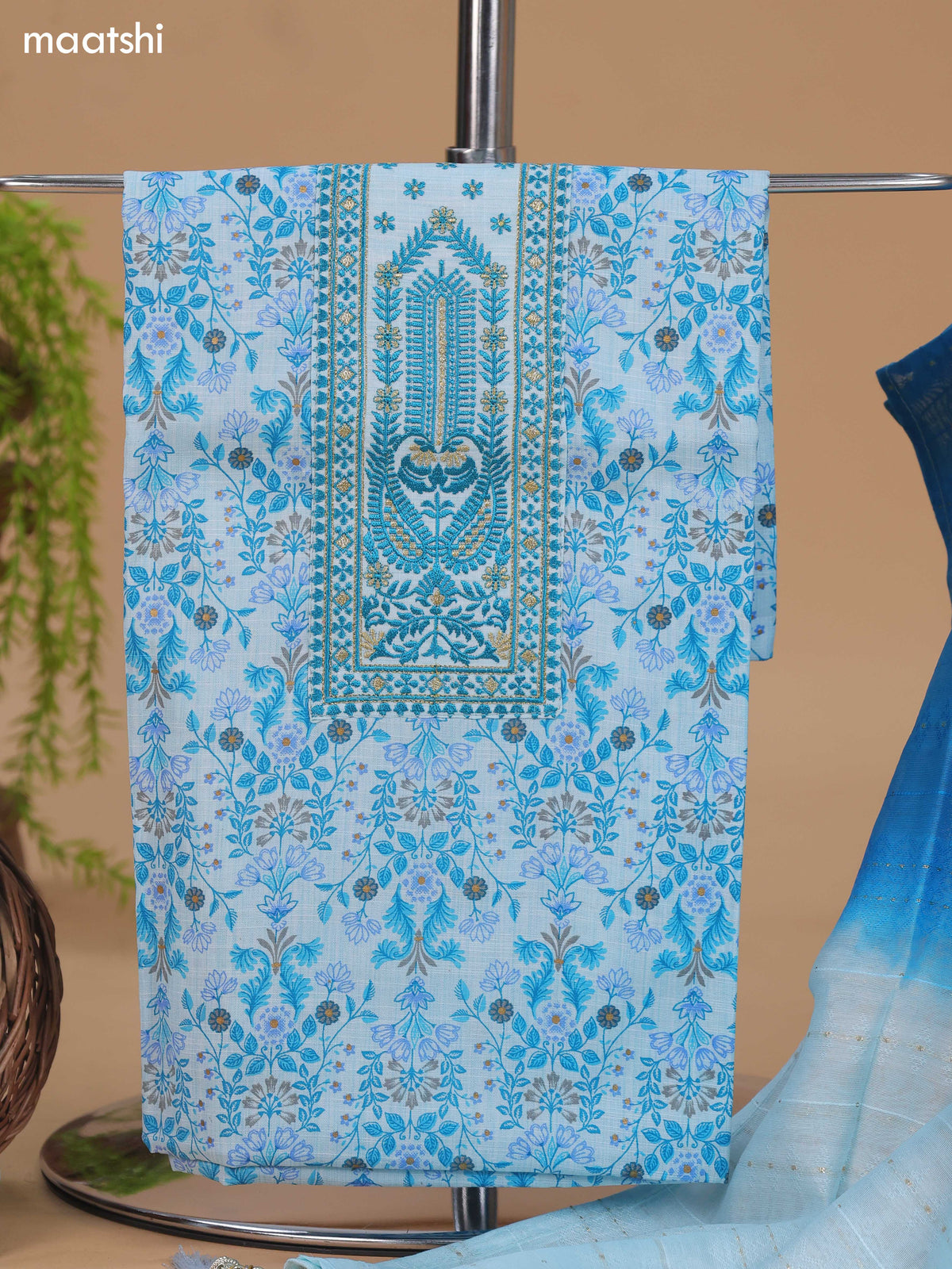 Light Blue Cotton Dress Material With Allover Floral Prints & Embroidery Work Neck Pattern and Bottom & Dupatta