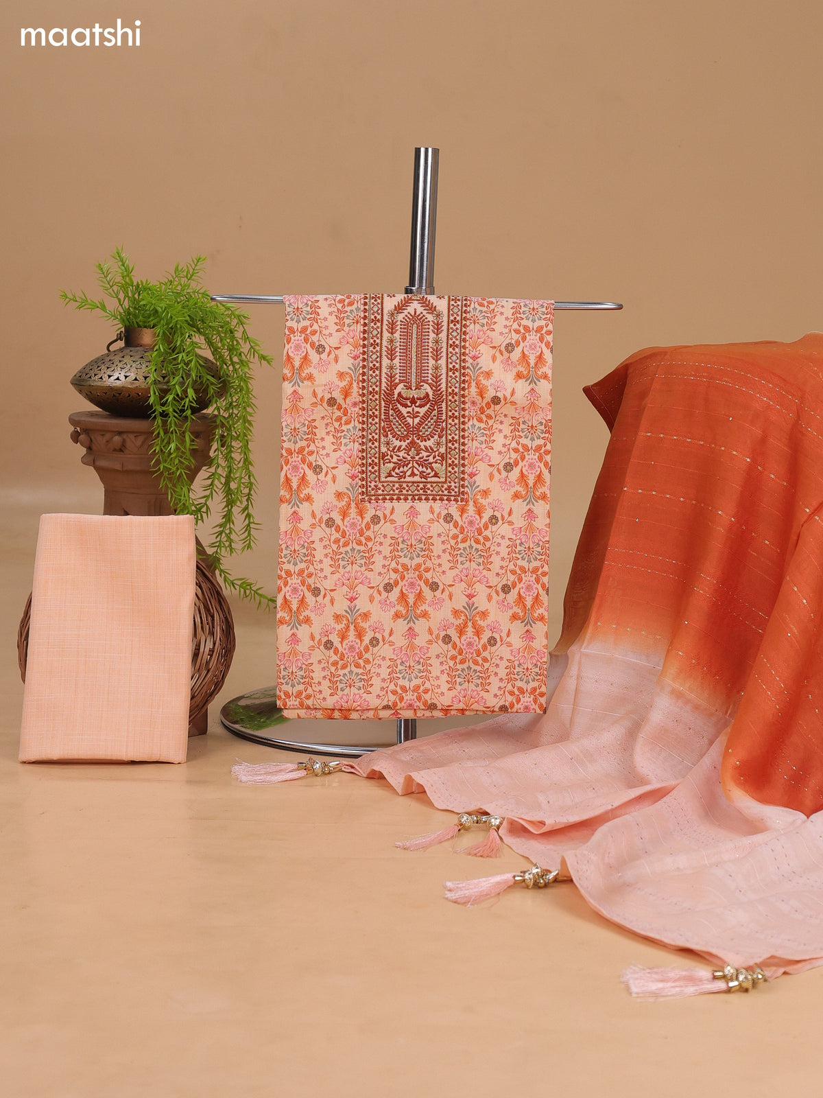 Peach Cotton Dress Material With Allover Floral Prints & Embroidery Work Neck Pattern and Bottom & Dupatta