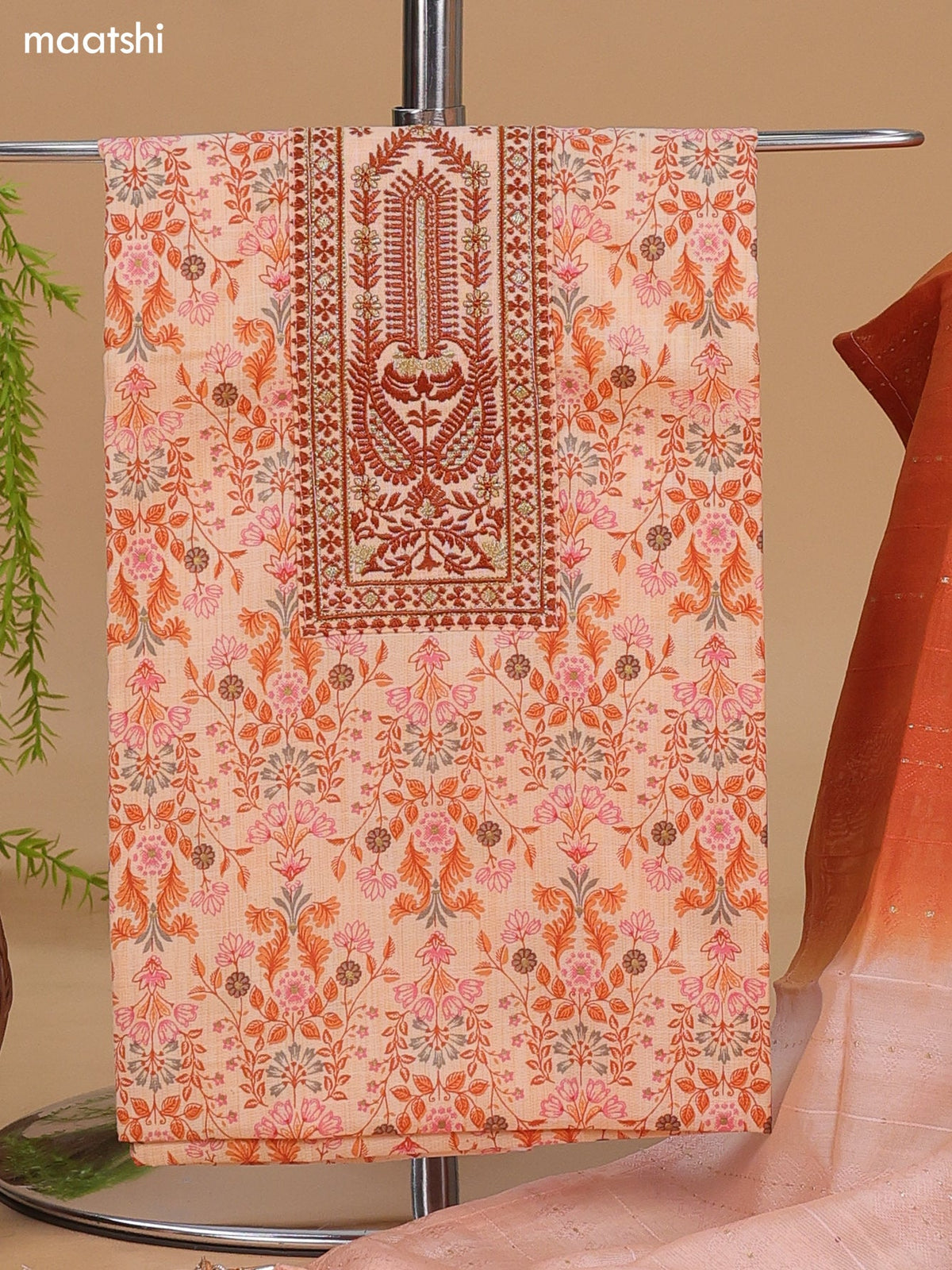 Peach Cotton Dress Material With Allover Floral Prints & Embroidery Work Neck Pattern and Bottom & Dupatta
