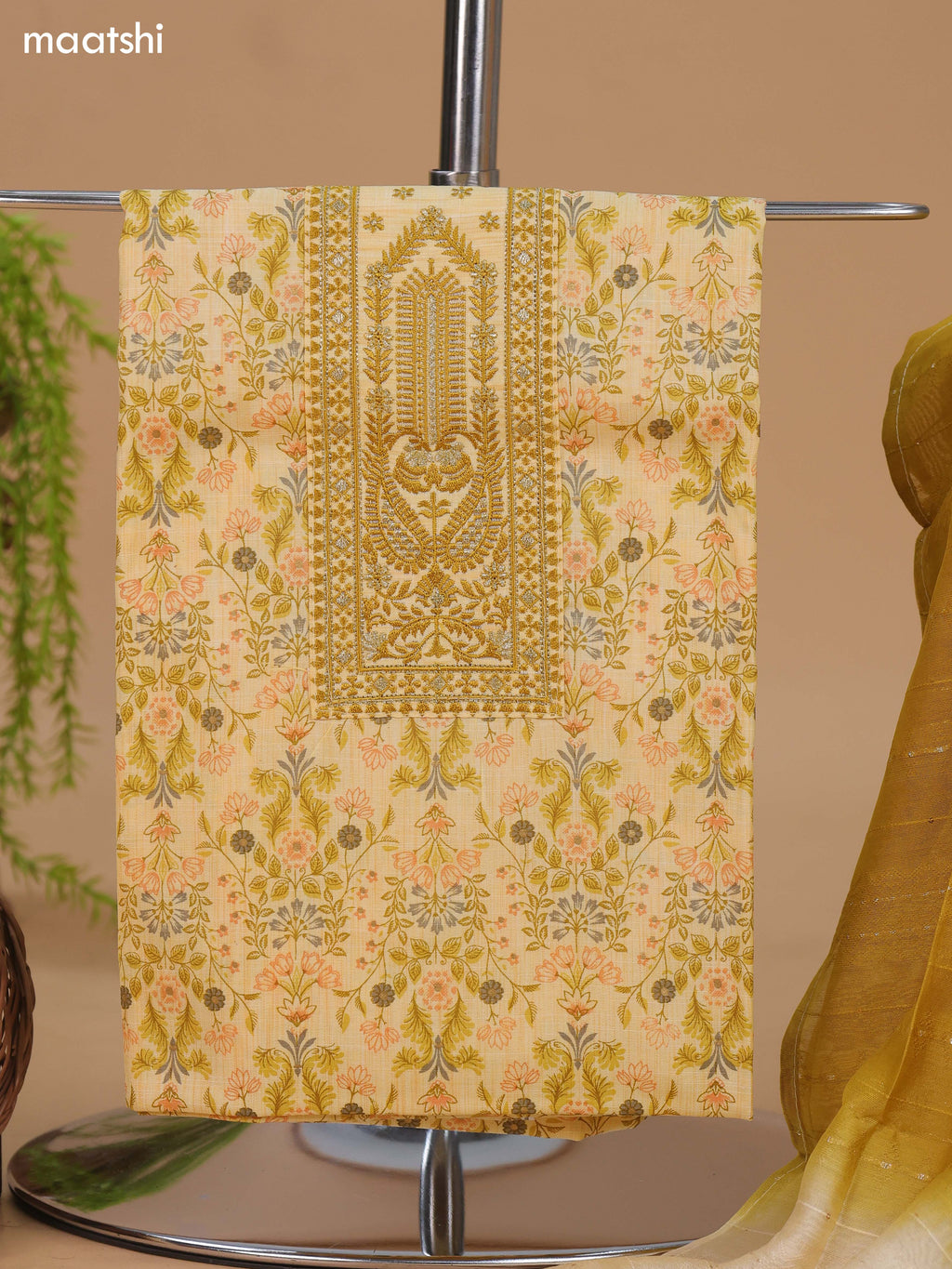 Pastel Yellow and Mustard Cotton Dress Material With Allover Floral Prints & Embroidery Work Neck Pattern and Bottom & Dupatta
