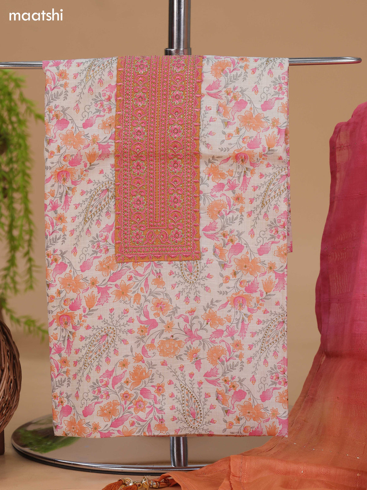 Off White and Dark Sandal Cotton Dress Material With Allover Floral Prints & Embroidery Work Neck Pattern and Bottom & Dupatta
