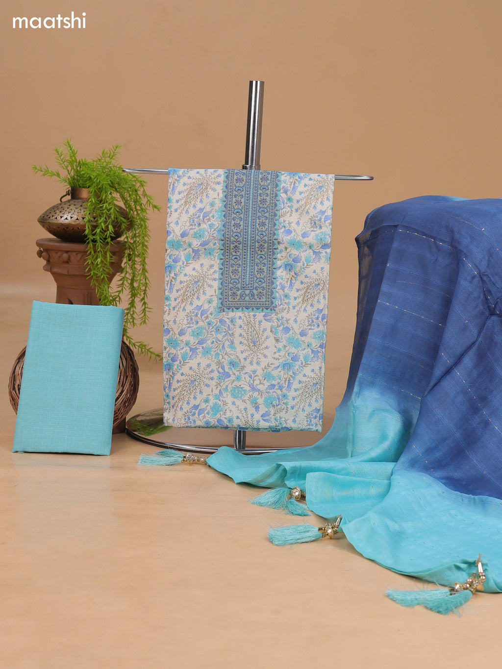 Off White and Light Blue Cotton Dress Material With Allover Floral Prints & Embroidery Work Neck Pattern and Bottom & Dupatta