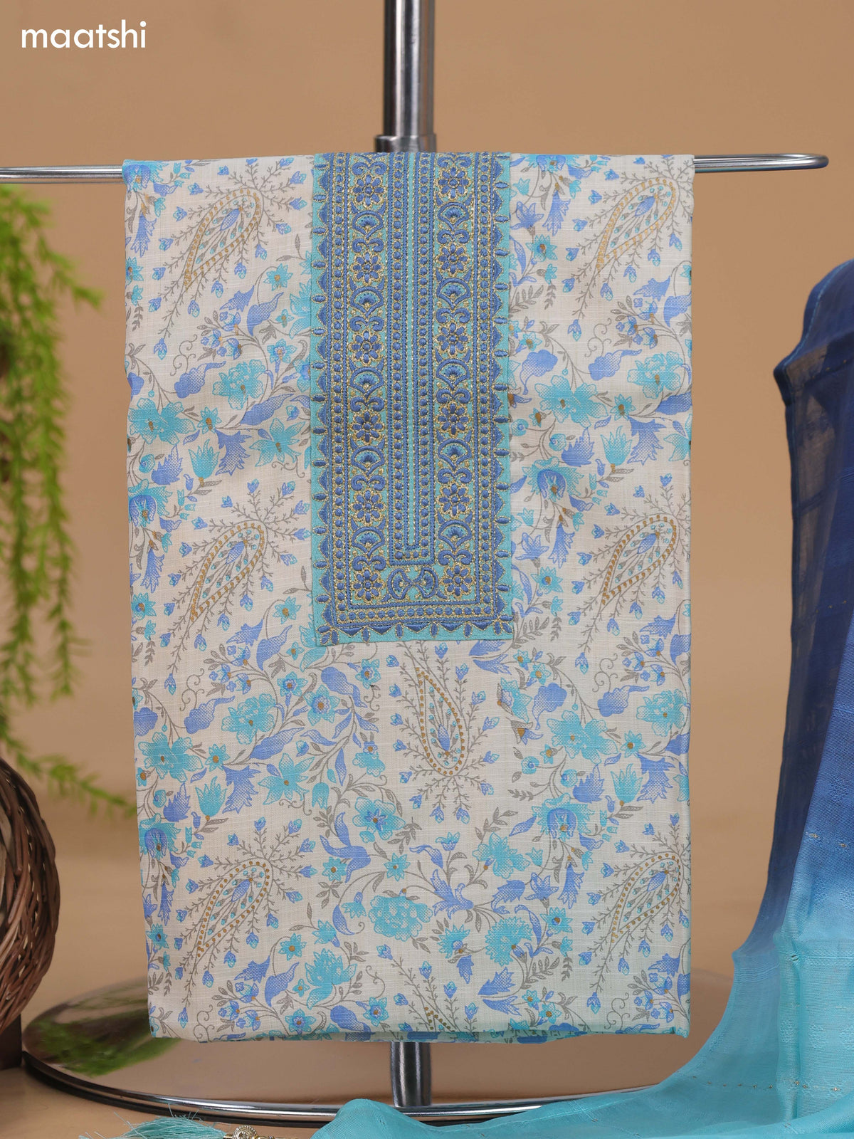 Off White and Light Blue Cotton Dress Material With Allover Floral Prints & Embroidery Work Neck Pattern and Bottom & Dupatta