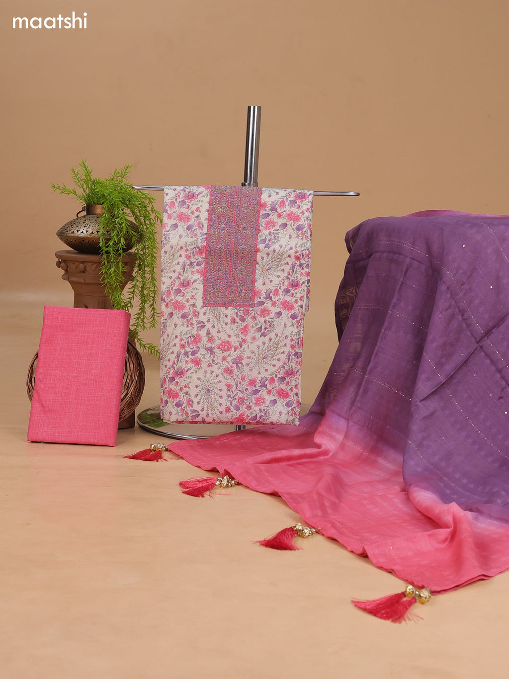 Off White and Pink Cotton Dress Material With Allover Floral Prints & Embroidery Work Neck Pattern and Bottom & Dupatta