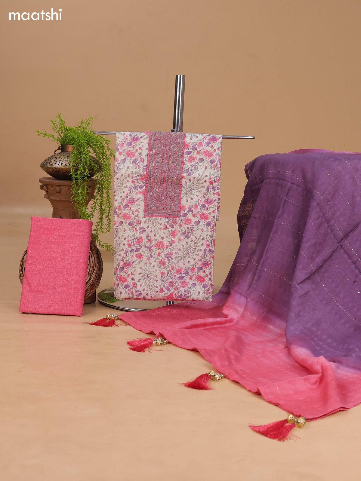 Off White and Pink Cotton Dress Material With Allover Floral Prints & Embroidery Work Neck Pattern and Bottom & Dupatta