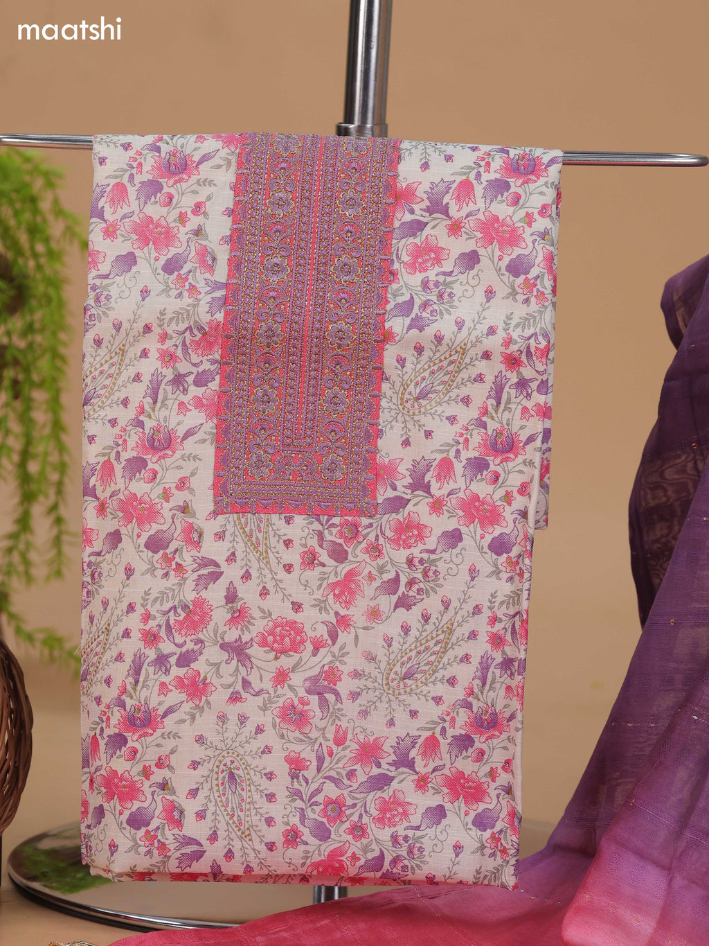 Off White and Pink Cotton Dress Material With Allover Floral Prints & Embroidery Work Neck Pattern and Bottom & Dupatta