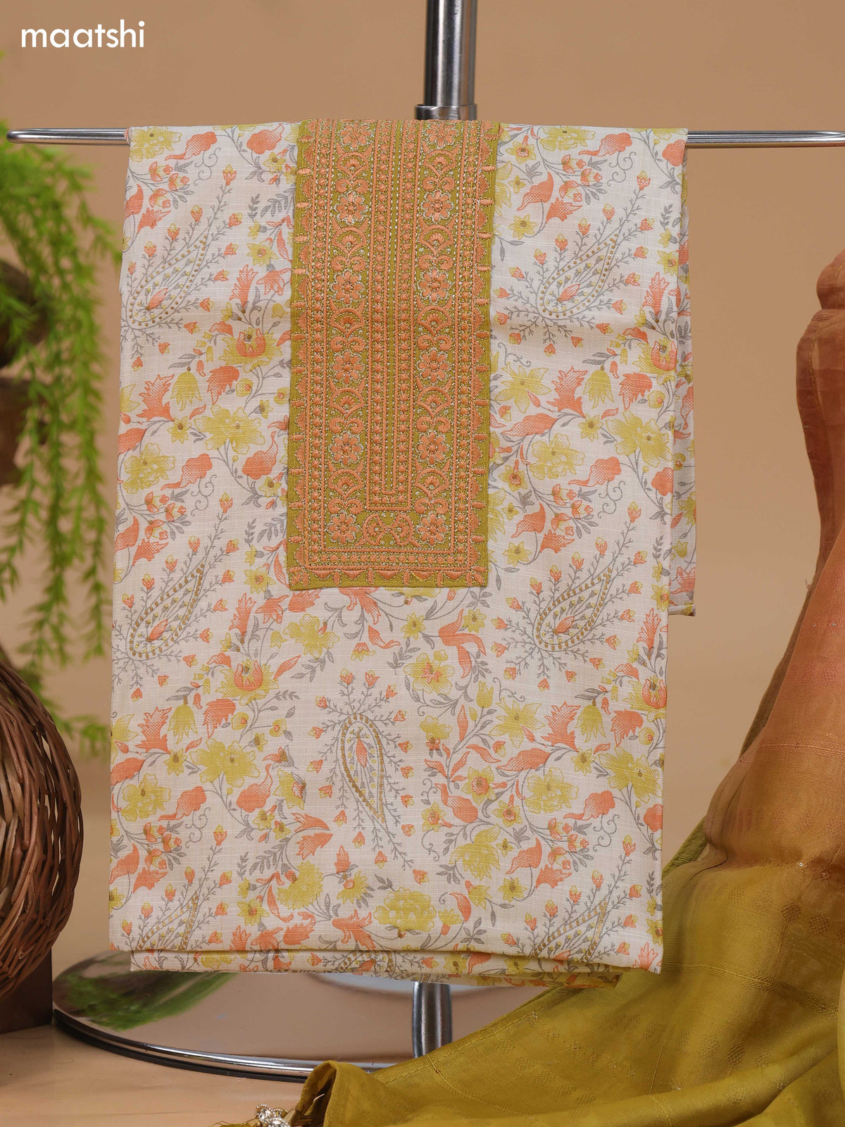 Off White and Mustard Yellow Cotton Dress Material With Allover Floral Prints & Embroidery Work Neck Pattern and Bottom & Dupatta