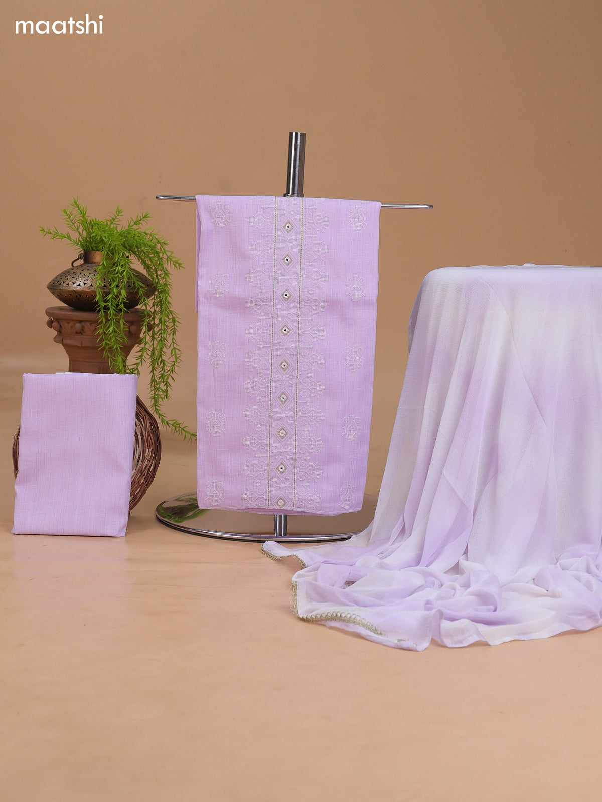 Lavender Cotton Dress Material With Embroidery Work Neck Pattern and Bottom & Dupatta