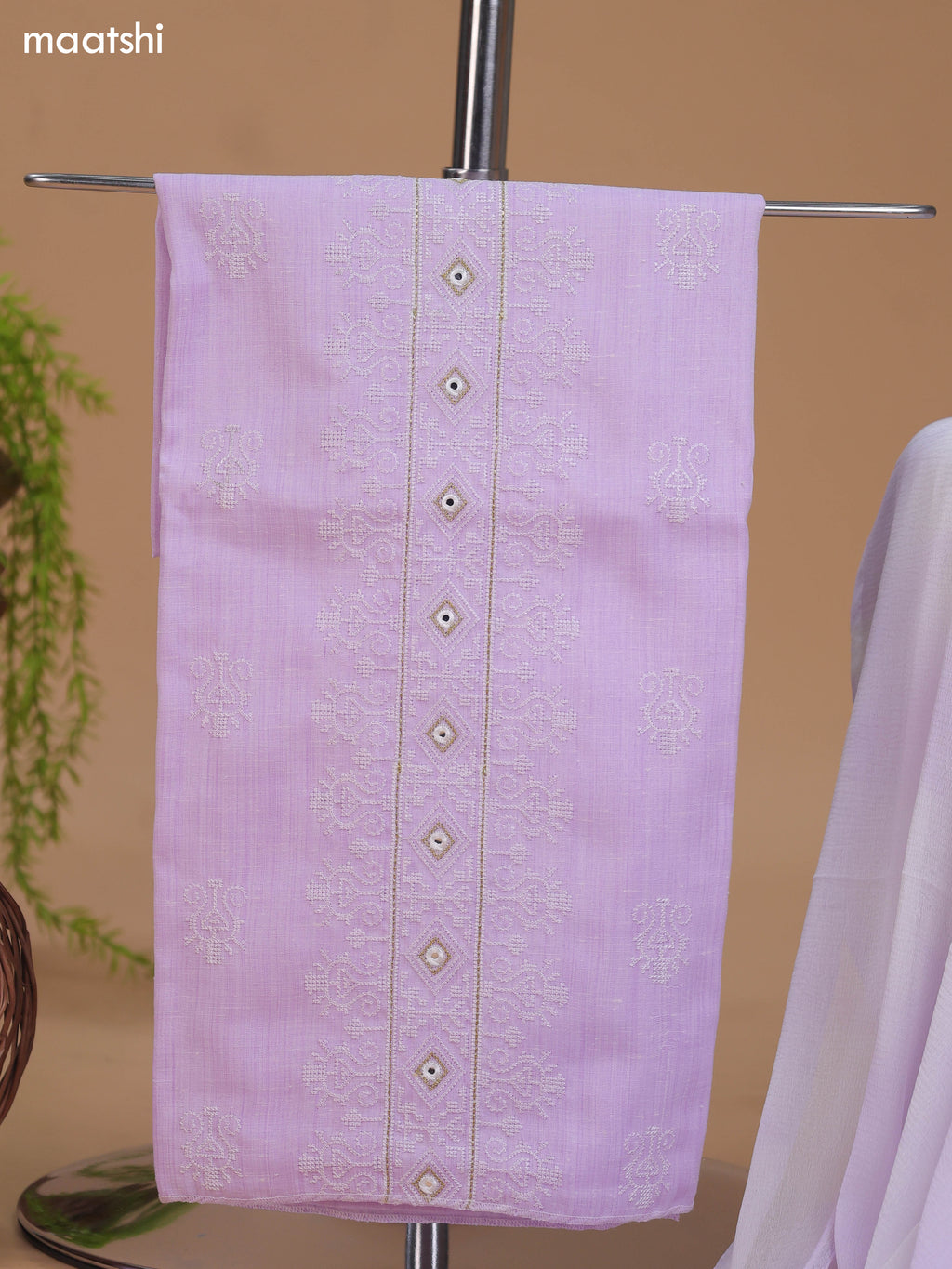 Lavender Cotton Dress Material With Embroidery Work Neck Pattern and Bottom & Dupatta