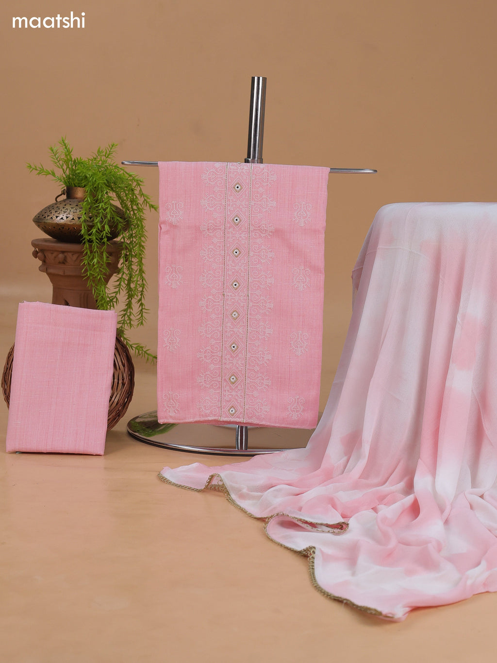Pink Cotton Dress Material With Embroidery Work Neck Pattern and Bottom & Dupatta