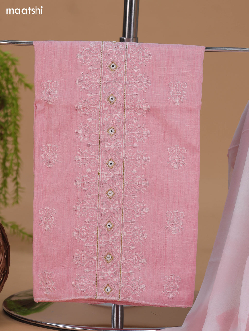 Pink Cotton Dress Material With Embroidery Work Neck Pattern and Bottom & Dupatta