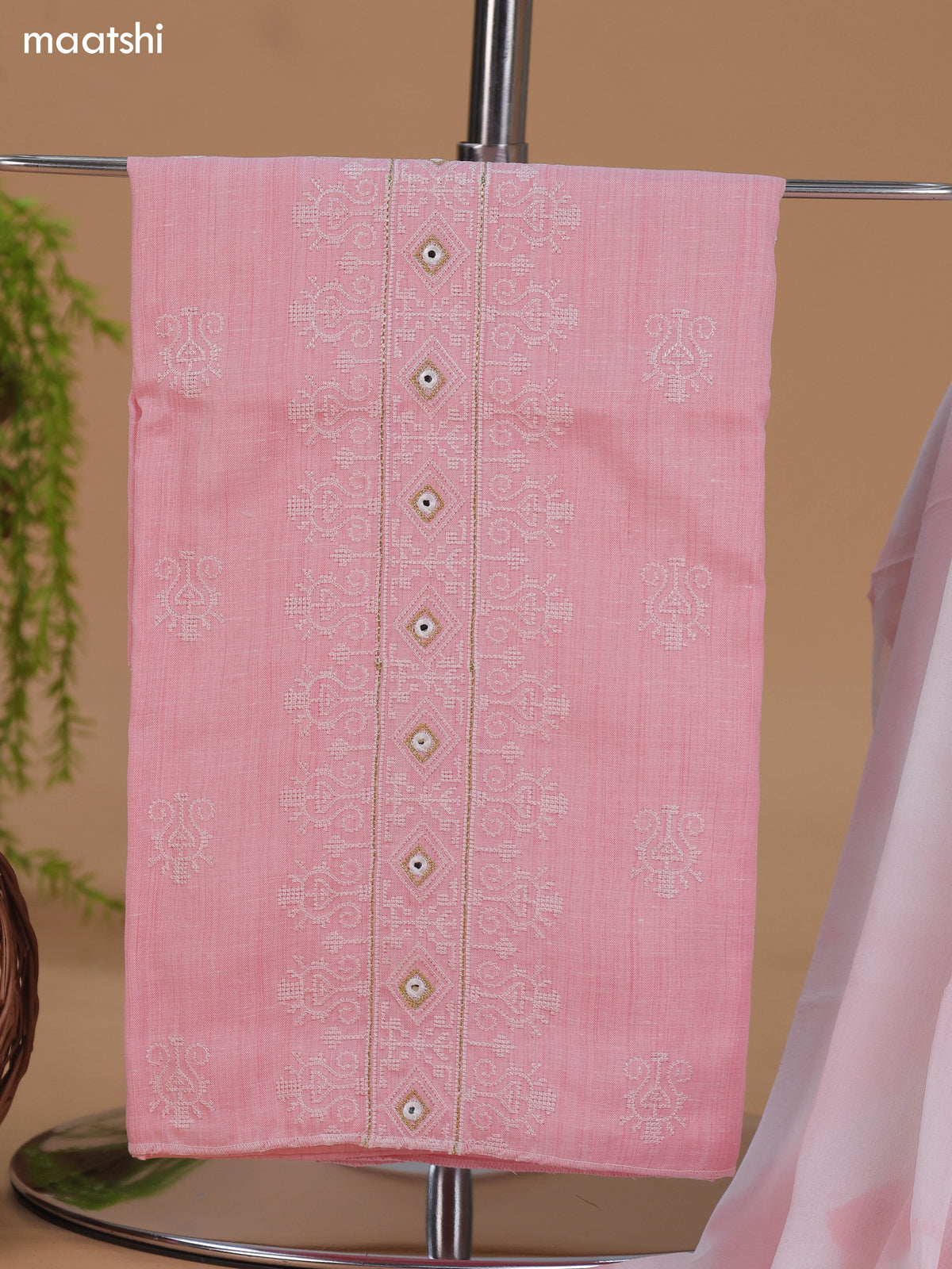 Pink Cotton Dress Material With Embroidery Work Neck Pattern and Bottom & Dupatta