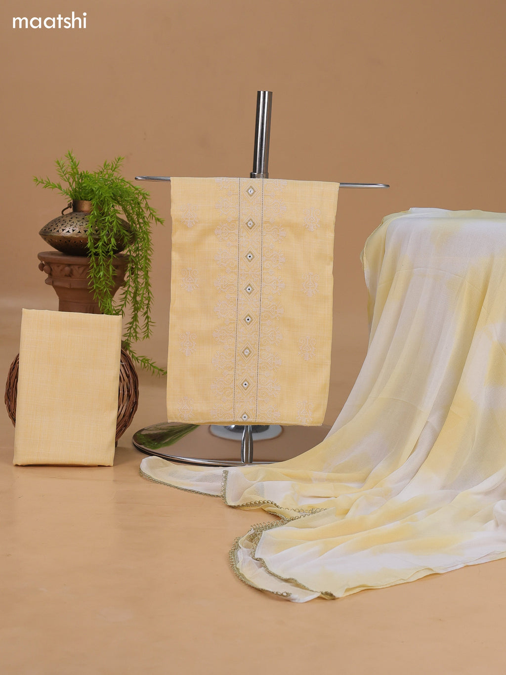 Pale Yellow Cotton Dress Material With Embroidery Work Neck Pattern and Bottom & Dupatta