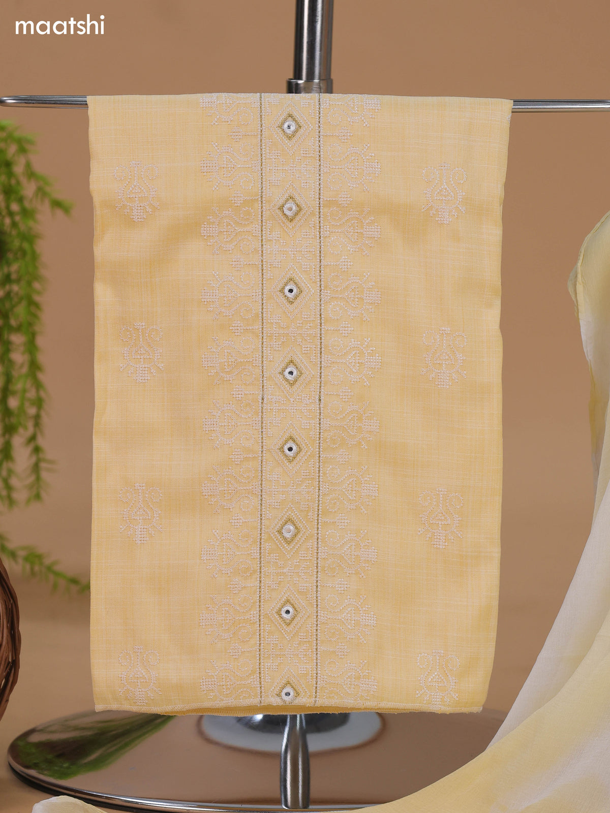 Pale Yellow Cotton Dress Material With Embroidery Work Neck Pattern and Bottom & Dupatta