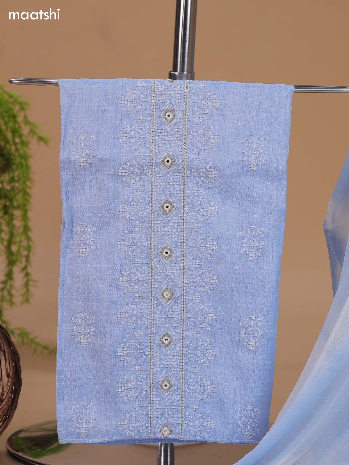 Pale Blue Cotton Dress Material With Embroidery Work Neck Pattern and Bottom & Dupatta
