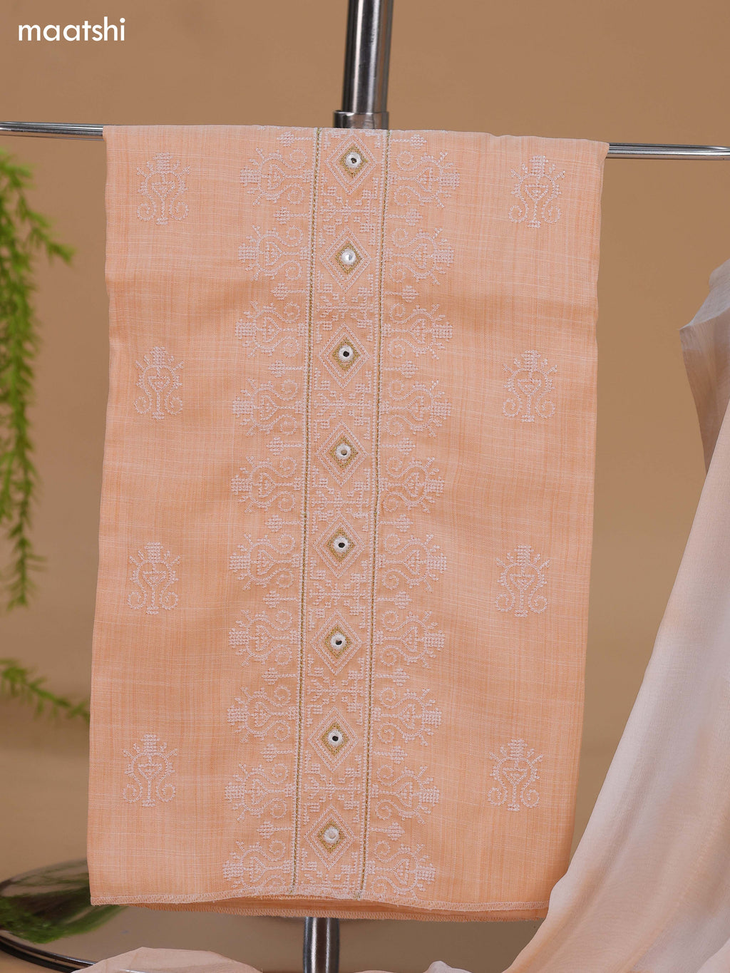 Peach Cotton Dress Material With Embroidery Work Neck Pattern and Bottom & Dupatta