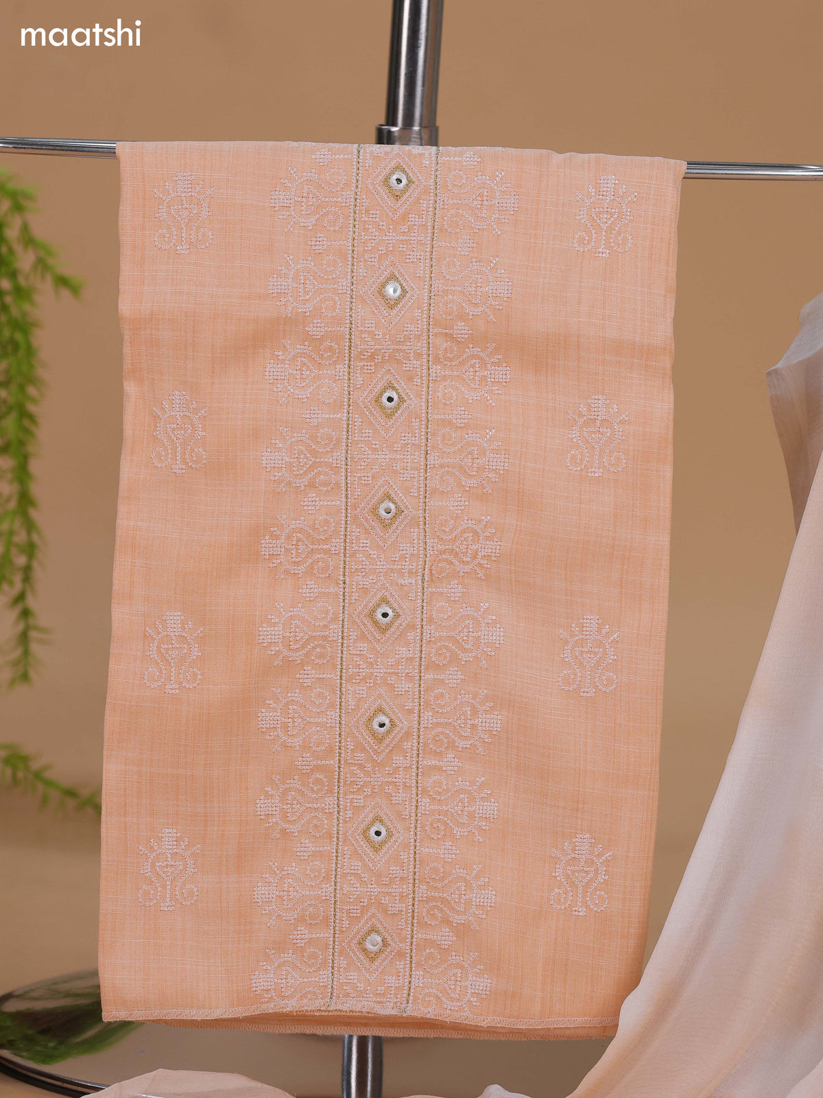 Peach Cotton Dress Material With Embroidery Work Neck Pattern and Bottom & Dupatta