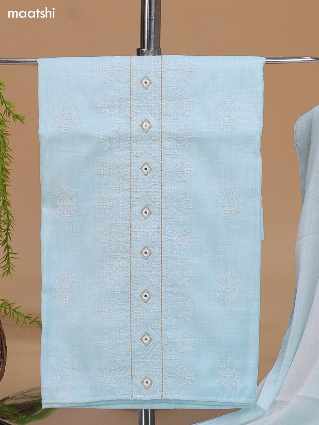Light Blue Cotton Dress Material With Embroidery Work Neck Pattern and Bottom & Dupatta