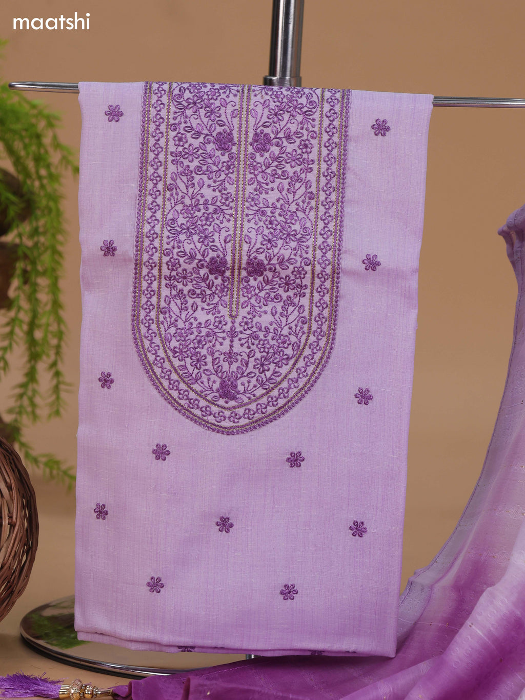 Lavender Cotton Dress Material With Floral Buttas & Embroidery Work Neck Pattern and Bottom & Dupatta