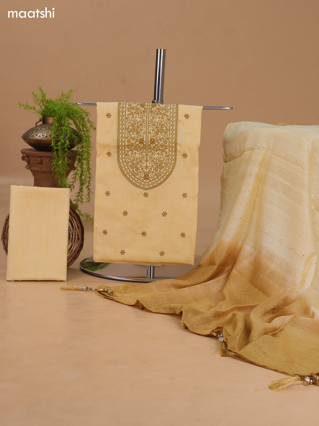 Sandal Cotton Dress Material With Floral Buttas & Embroidery Work Neck Pattern and Bottom & Dupatta