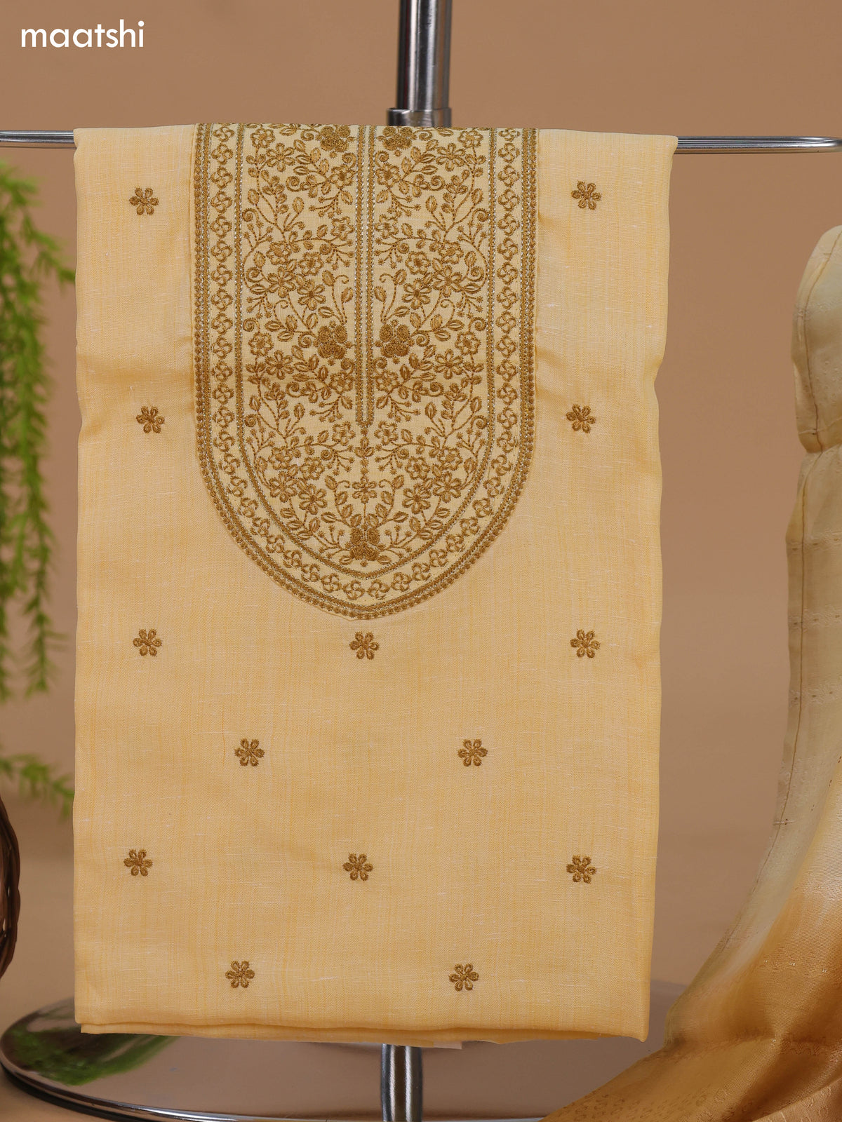 Sandal Cotton Dress Material With Floral Buttas & Embroidery Work Neck Pattern and Bottom & Dupatta
