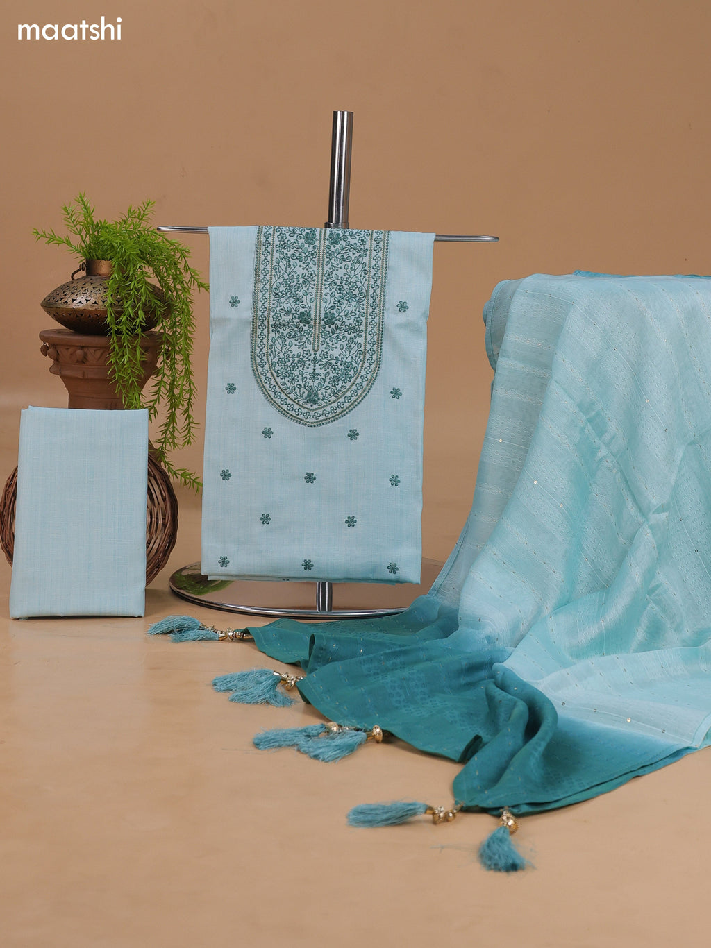 Teal Blue Cotton Dress Material With Floral Buttas & Embroidery Work Neck Pattern and Bottom & Dupatta