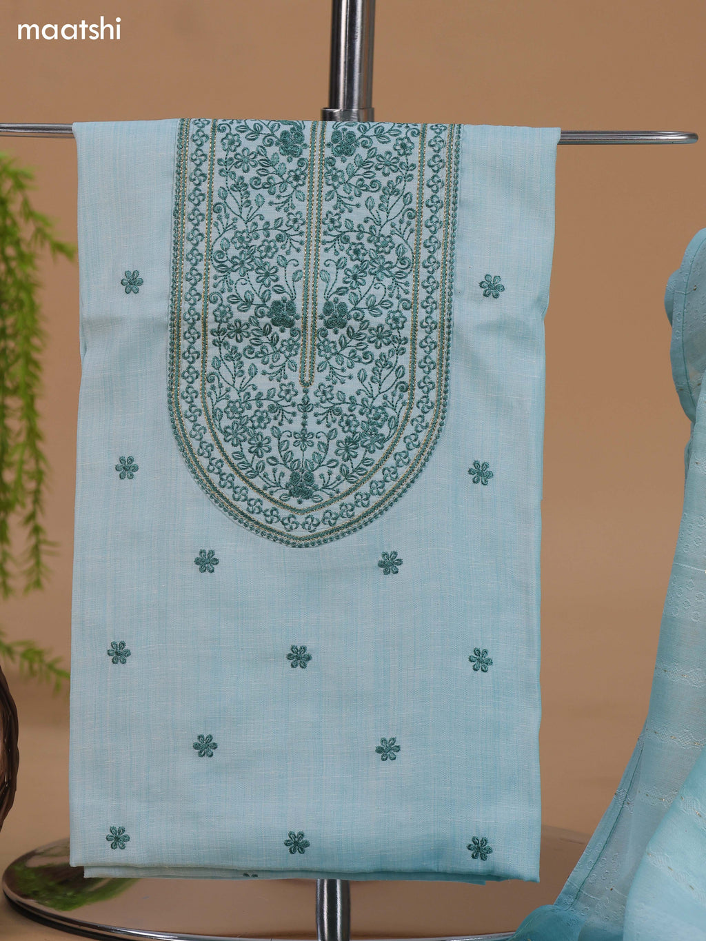 Teal Blue Cotton Dress Material With Floral Buttas & Embroidery Work Neck Pattern and Bottom & Dupatta