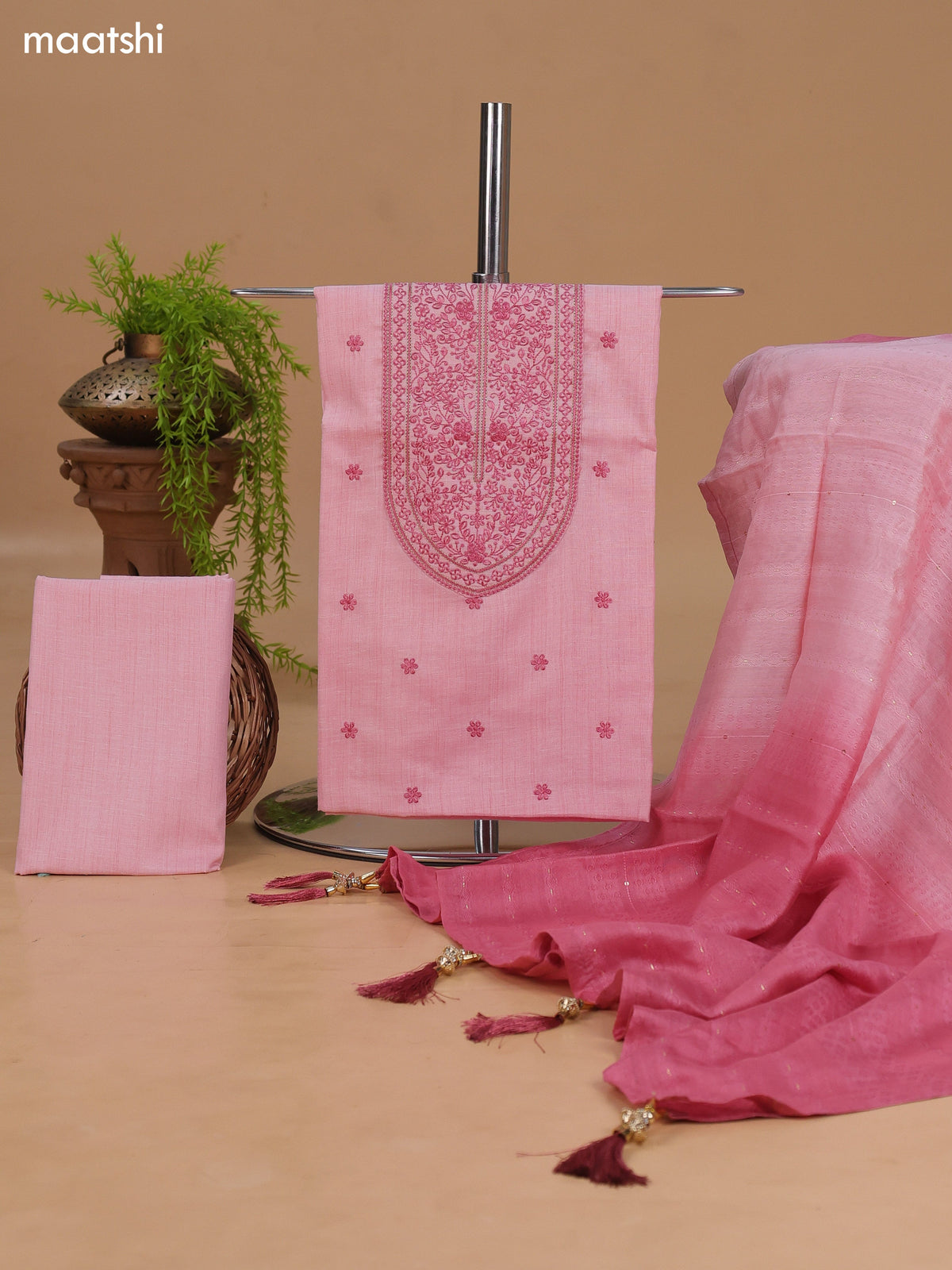 Pink Cotton Dress Material With Floral Buttas & Embroidery Work Neck Pattern and Bottom & Dupatta