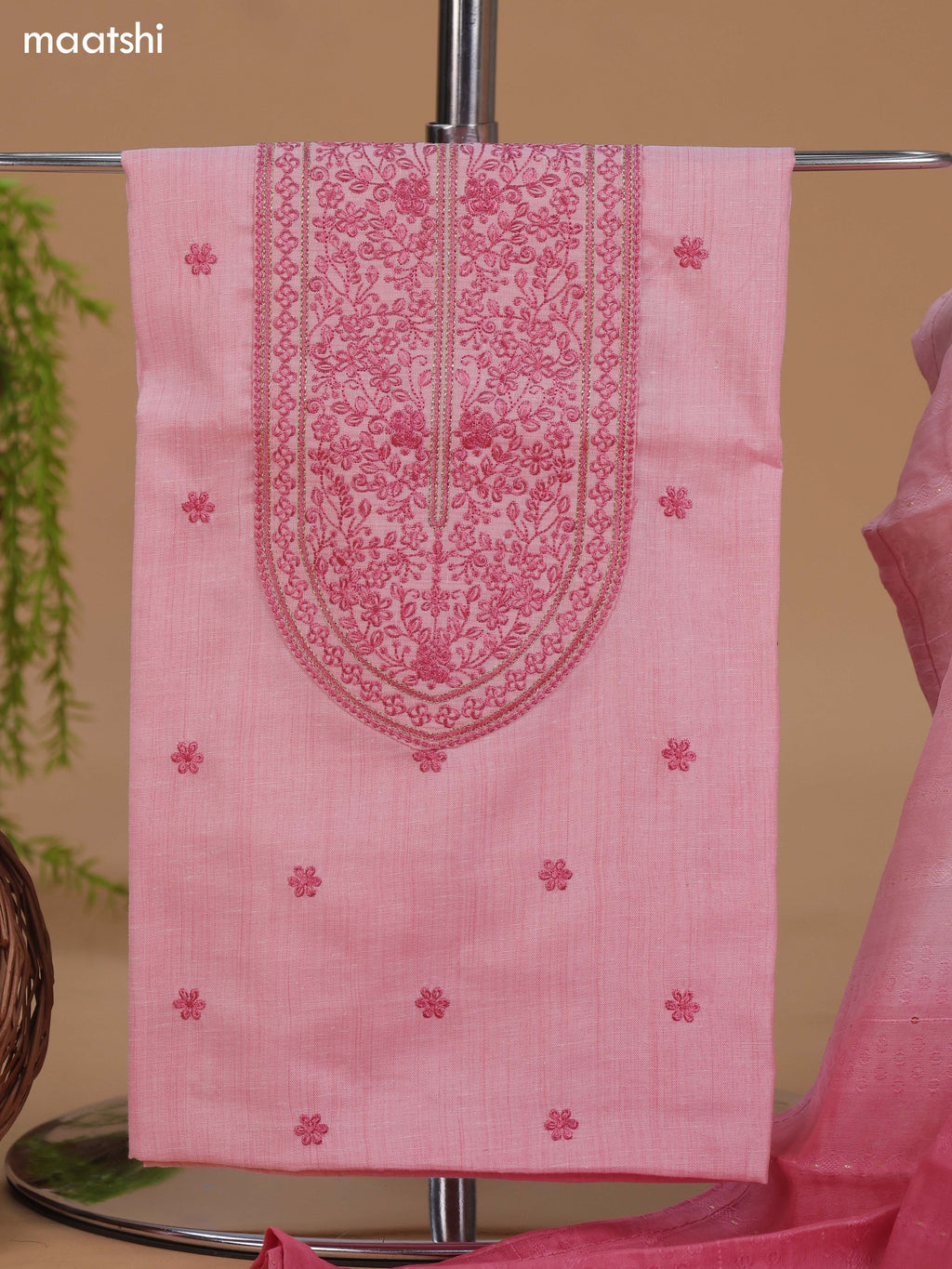Pink Cotton Dress Material With Floral Buttas & Embroidery Work Neck Pattern and Bottom & Dupatta