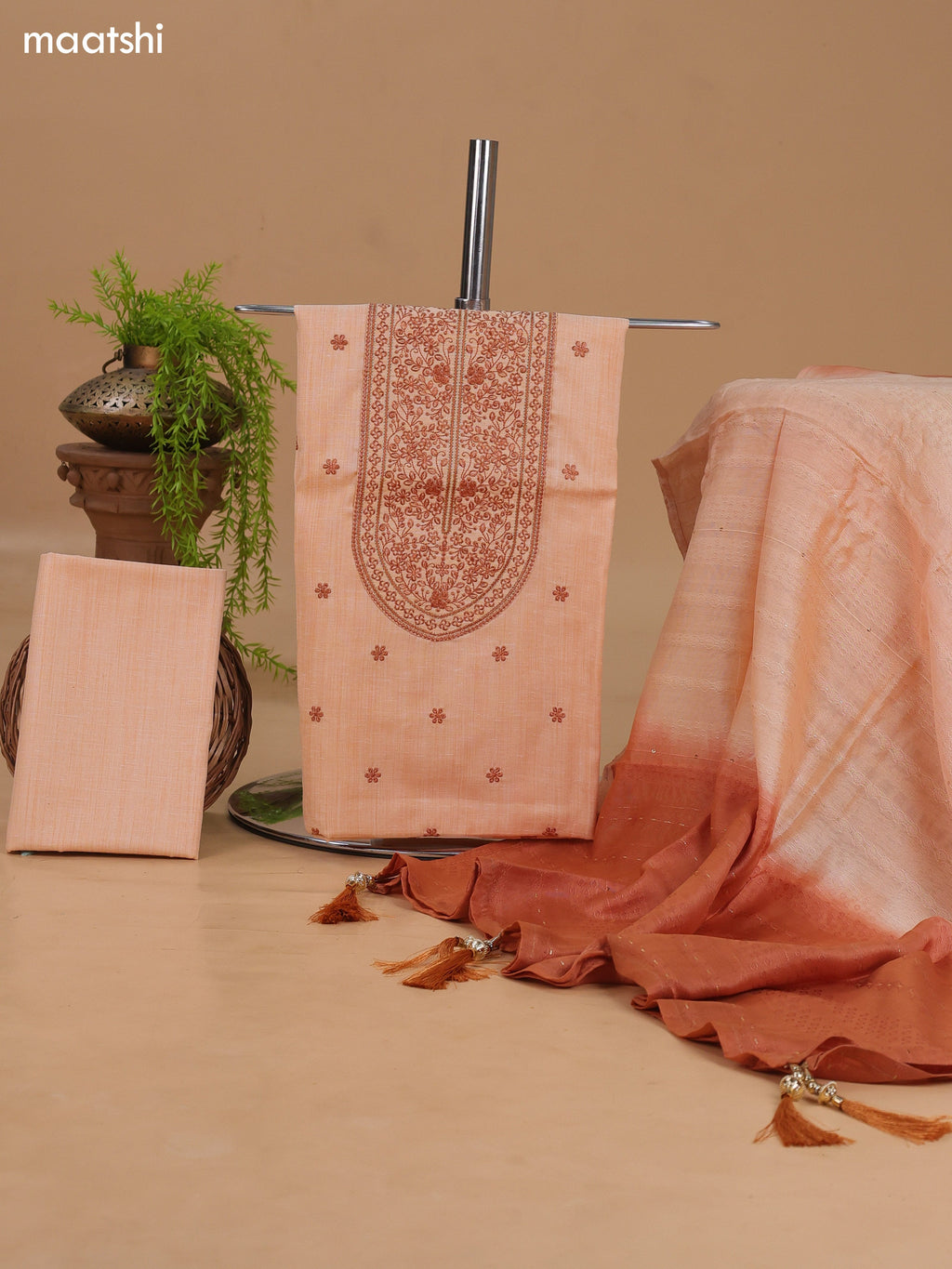 Peach Cotton Dress Material With Floral Buttas & Embroidery Work Neck Pattern and Bottom & Dupatta