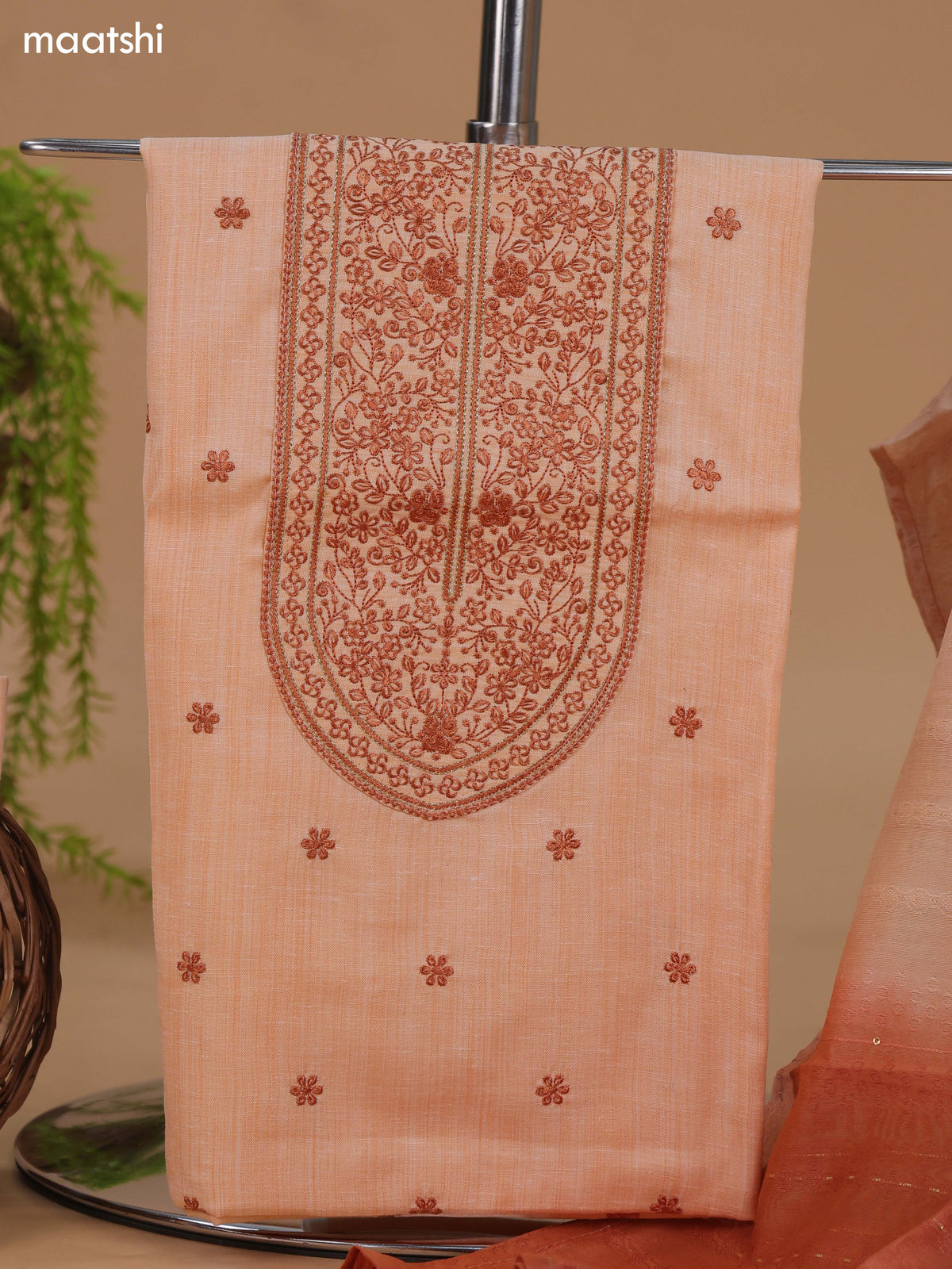 Peach Cotton Dress Material With Floral Buttas & Embroidery Work Neck Pattern and Bottom & Dupatta