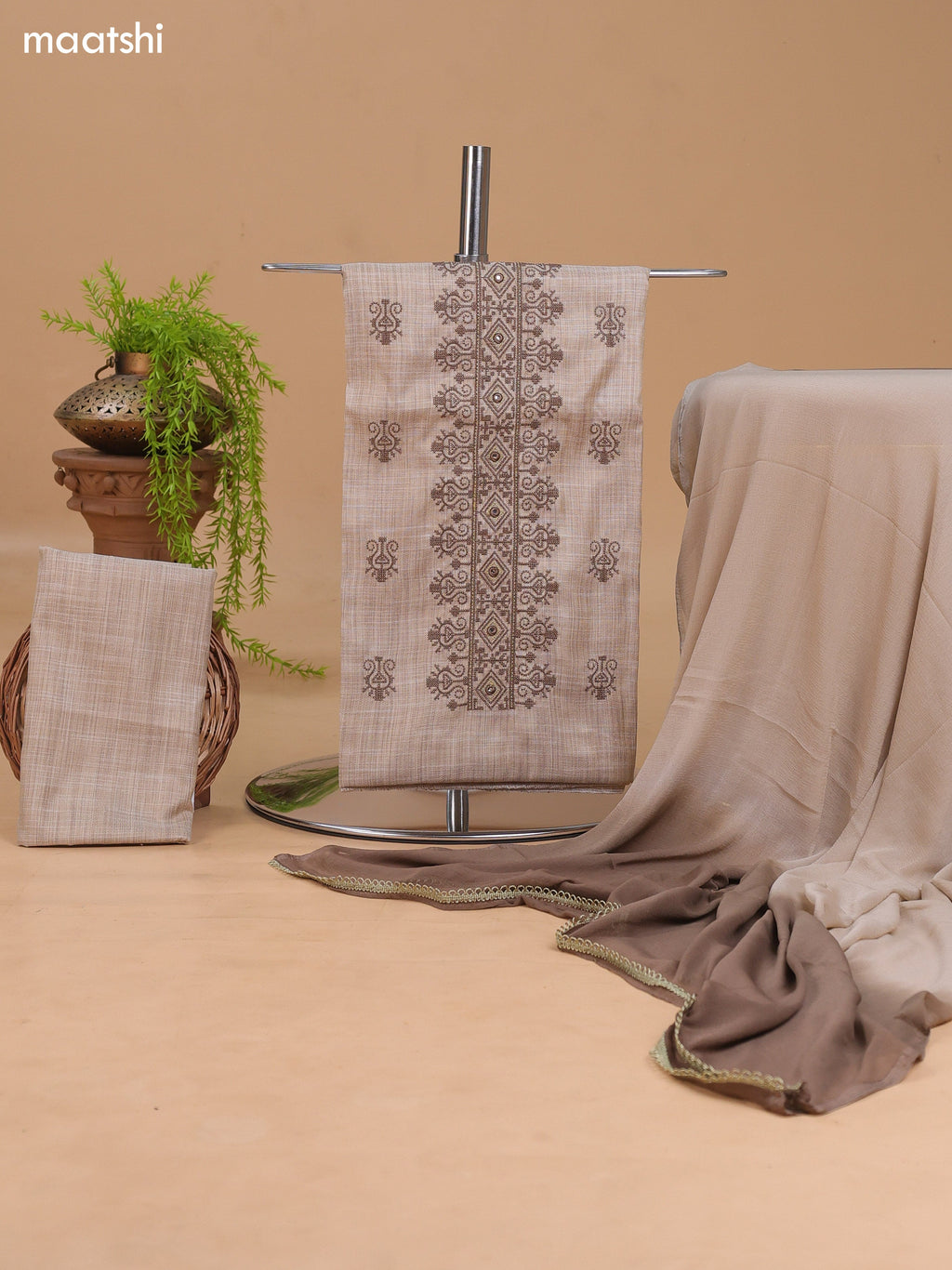 Biege Cotton Dress Material With Floral Buttas & Embroidery Work Neck Pattern and Bottom & Dupatta