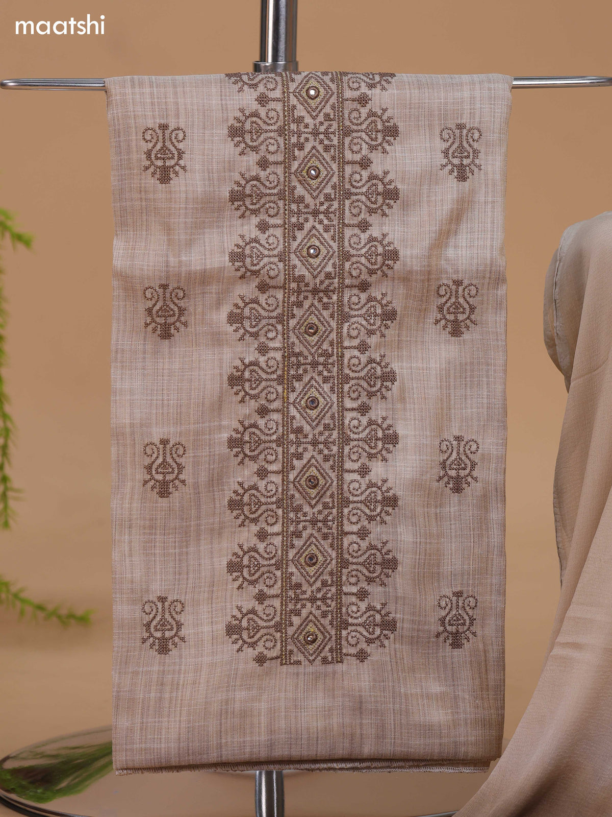 Biege Cotton Dress Material With Floral Buttas & Embroidery Work Neck Pattern and Bottom & Dupatta