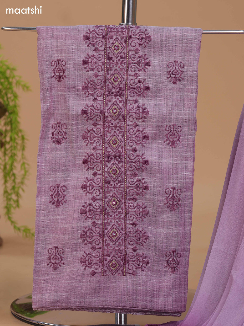 Pastel Purple and Cotton Dress Material With Floral Buttas & Embroidery Work Neck Pattern and Bottom & Dupatta