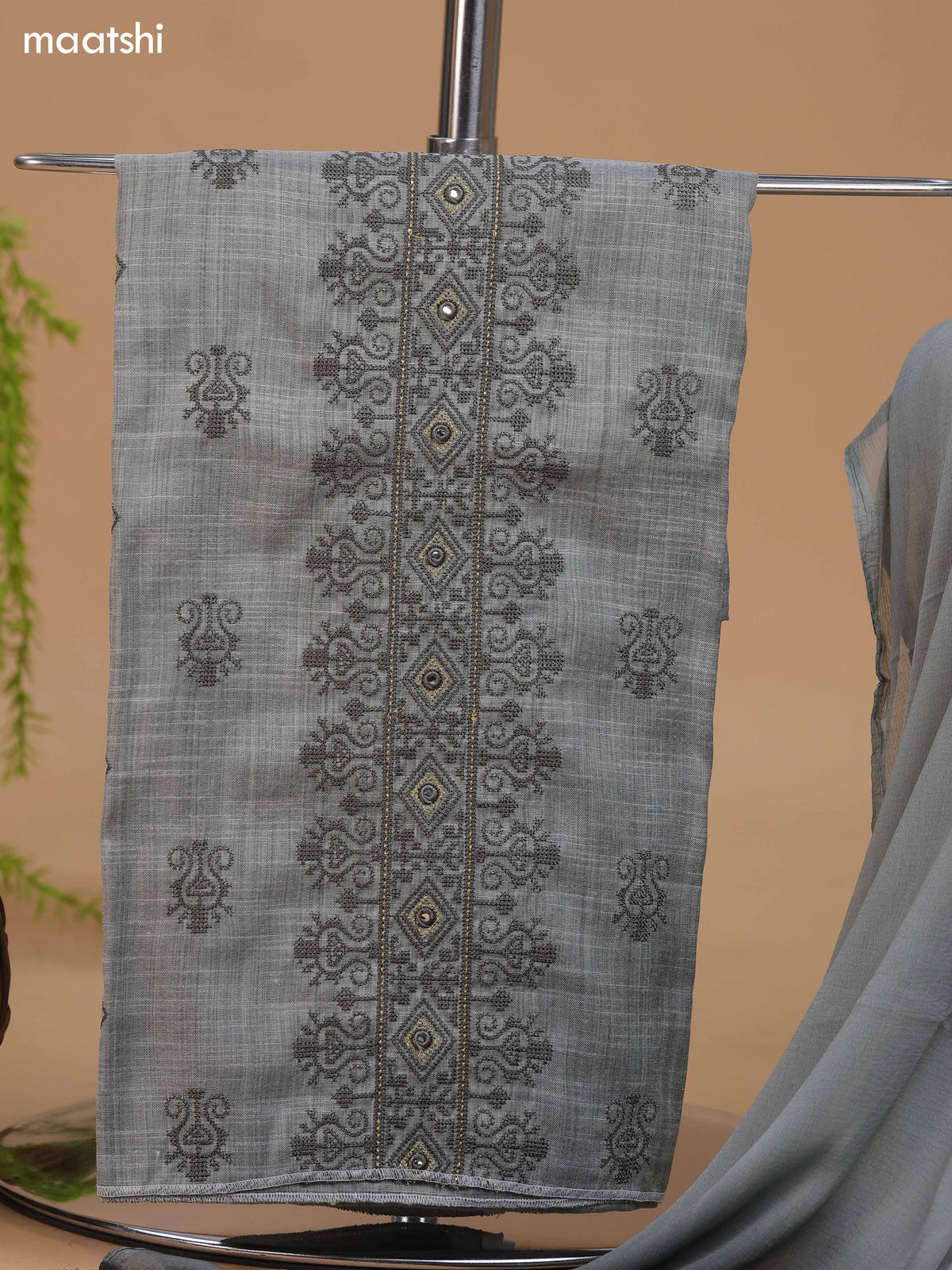 Greyish Green Cotton Dress Material With Floral Buttas & Embroidery Work Neck Pattern and Bottom & Dupatta