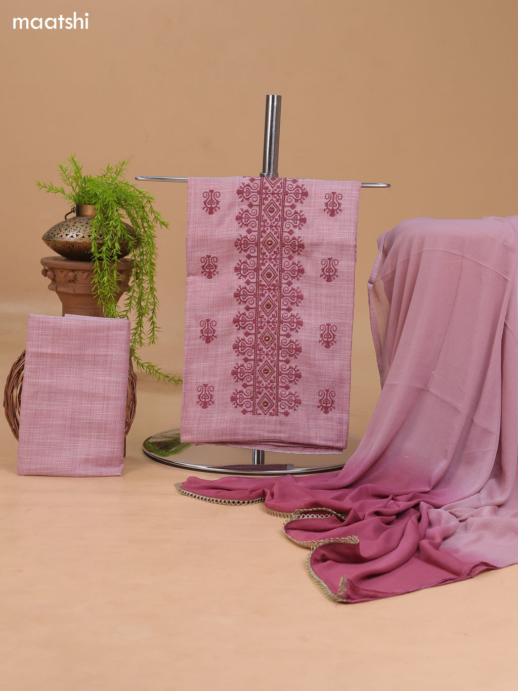 Pink Cotton Dress Material With Floral Buttas & Embroidery Work Neck Pattern and Bottom & Dupatta