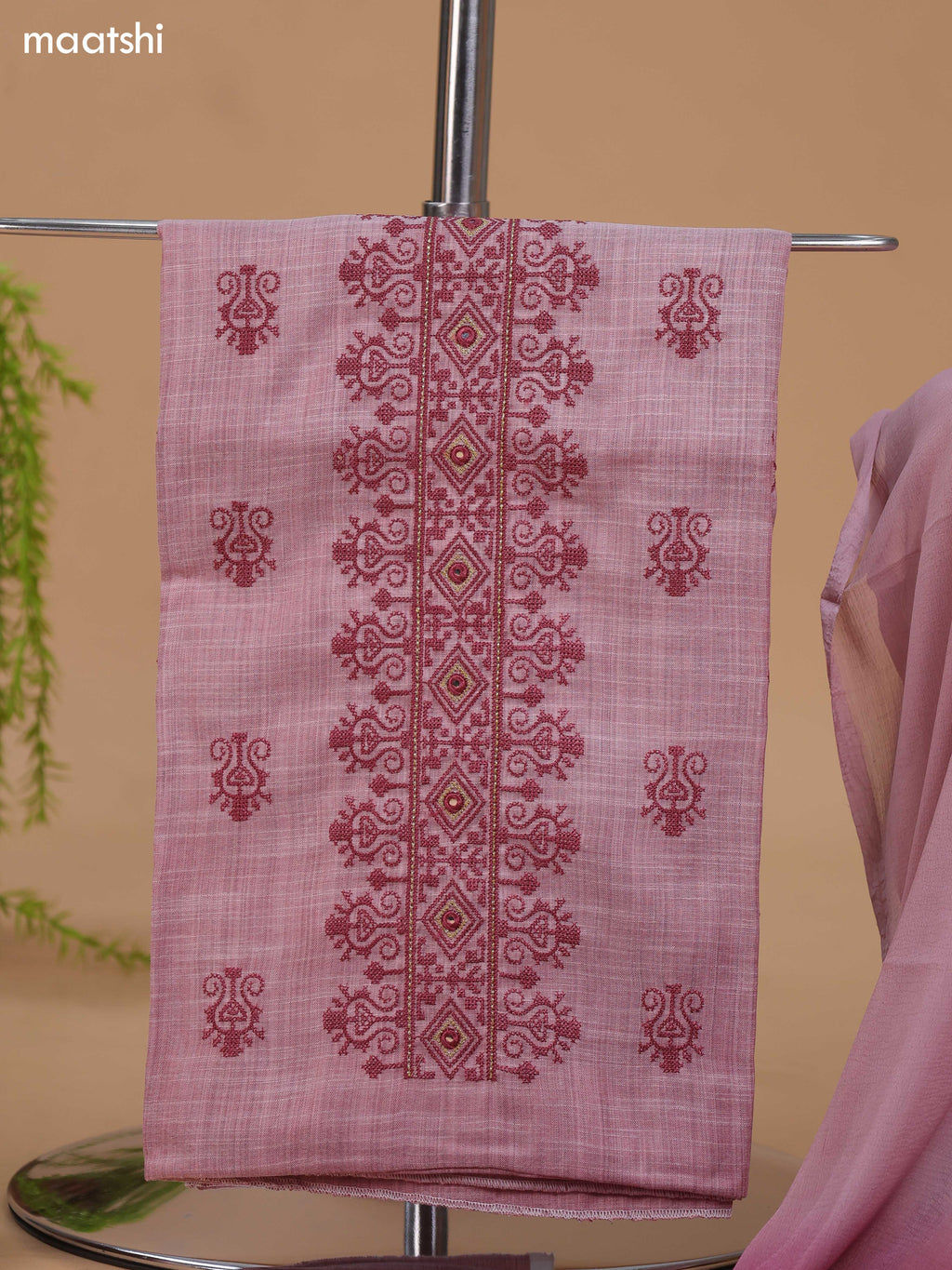Pink Cotton Dress Material With Floral Buttas & Embroidery Work Neck Pattern and Bottom & Dupatta