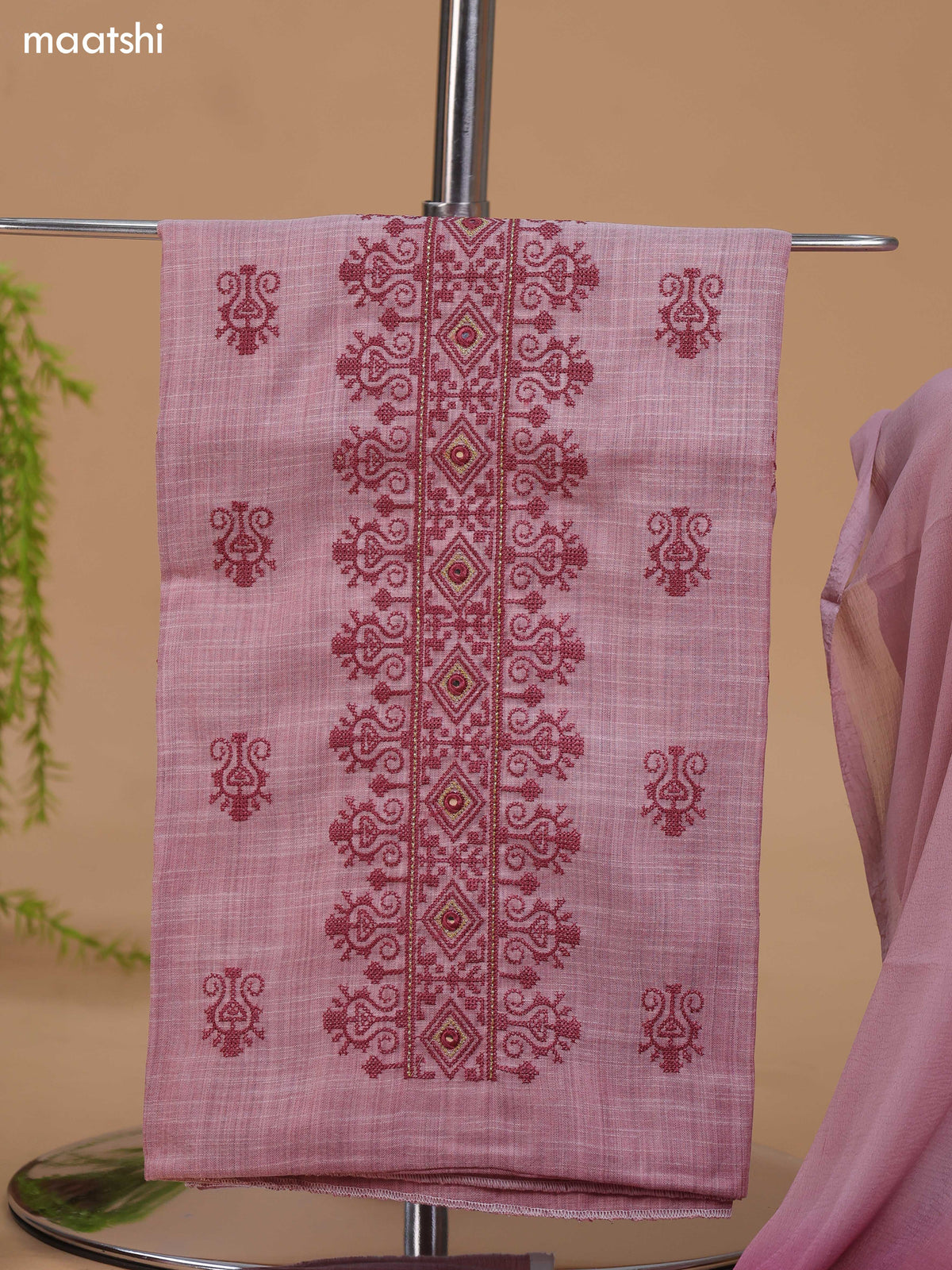 Pink Cotton Dress Material With Floral Buttas & Embroidery Work Neck Pattern and Bottom & Dupatta